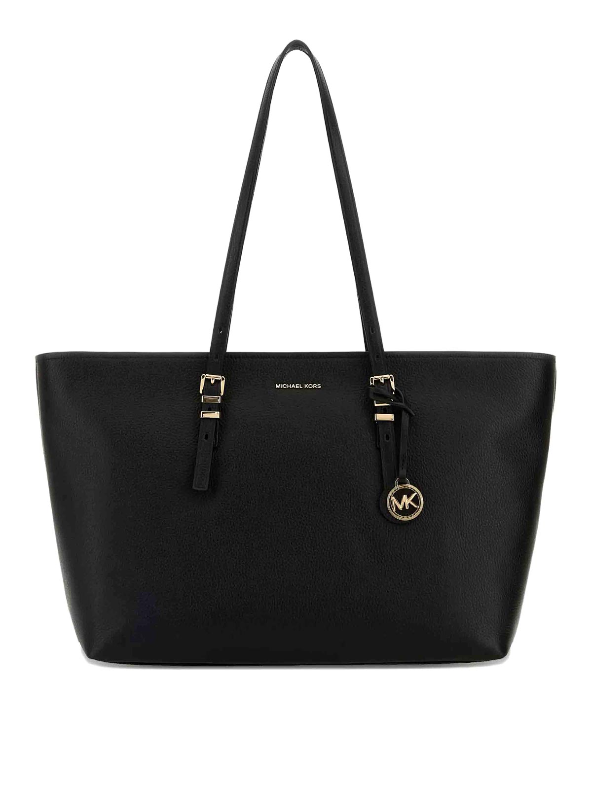 Michael Kors 'quinn' Black Medium Tote Bag With Removable Logo Charm And Embossed Logo Lettering On The Front In Black