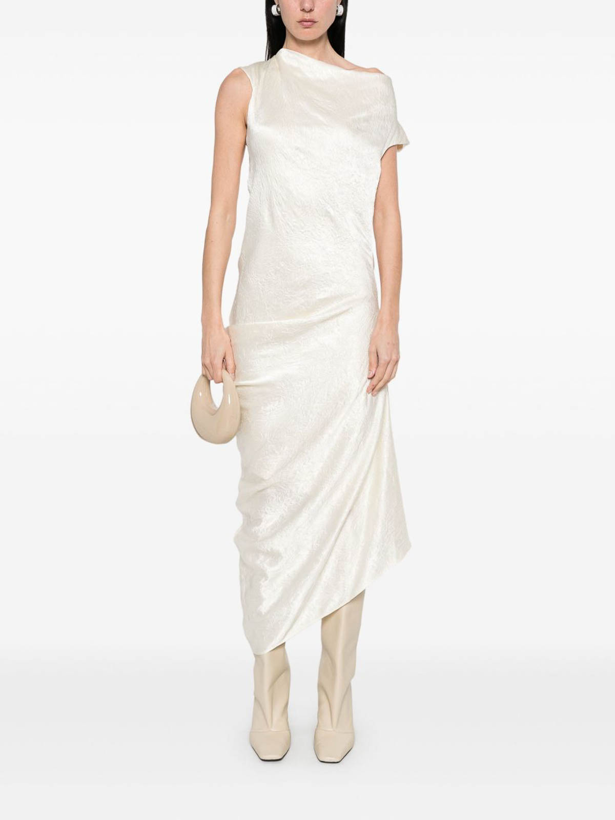 Alexander Mcqueen Satin Asymmetric Draped Midi Dress In Gray