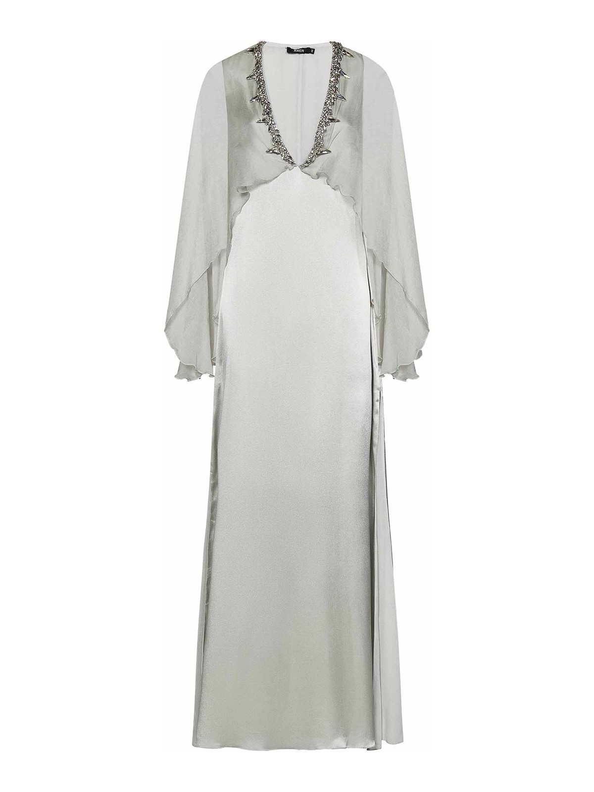 Amen Long Grey Silk Blend Satin Dress In Gray