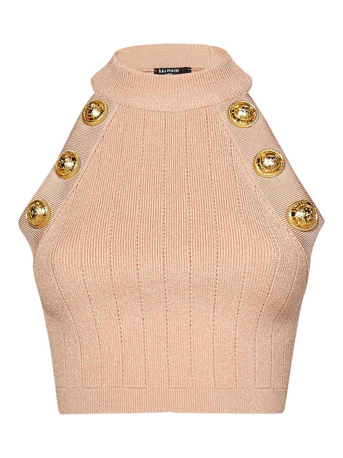 Balmain Pink Ribbed Viscose Blend Knit Cropped Top In Nude