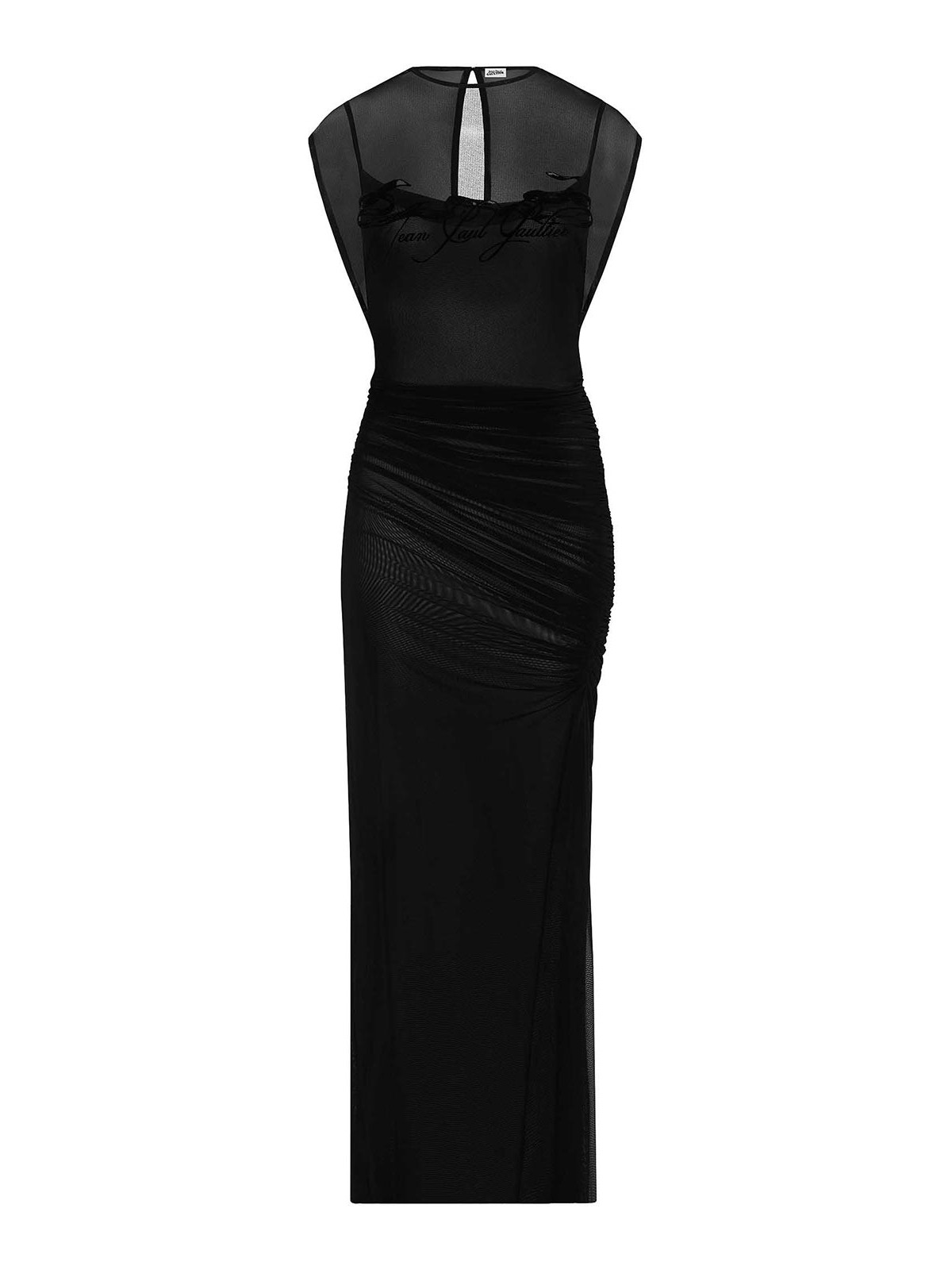Jean Paul Gaultier Flocked Tattoo Logo Draped Mesh Backless Maxi Dress In Black