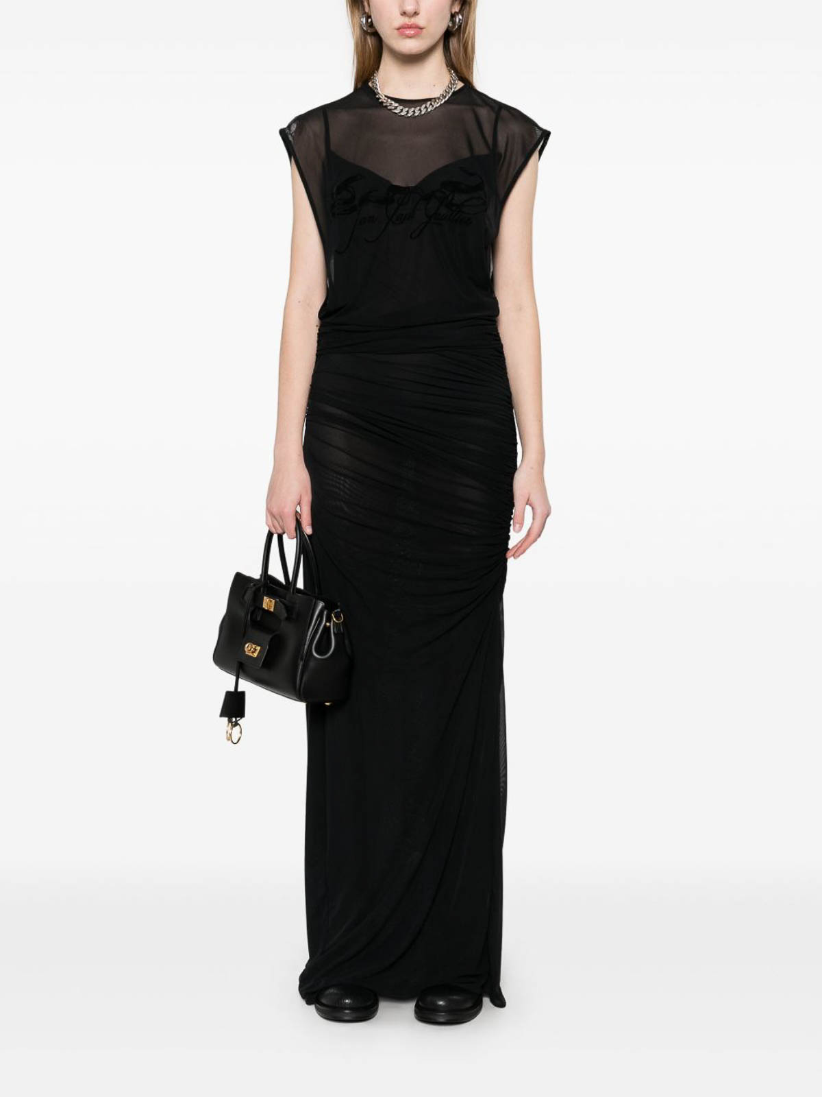 Jean Paul Gaultier Flocked Tattoo Logo Draped Mesh Backless Maxi Dress In Black
