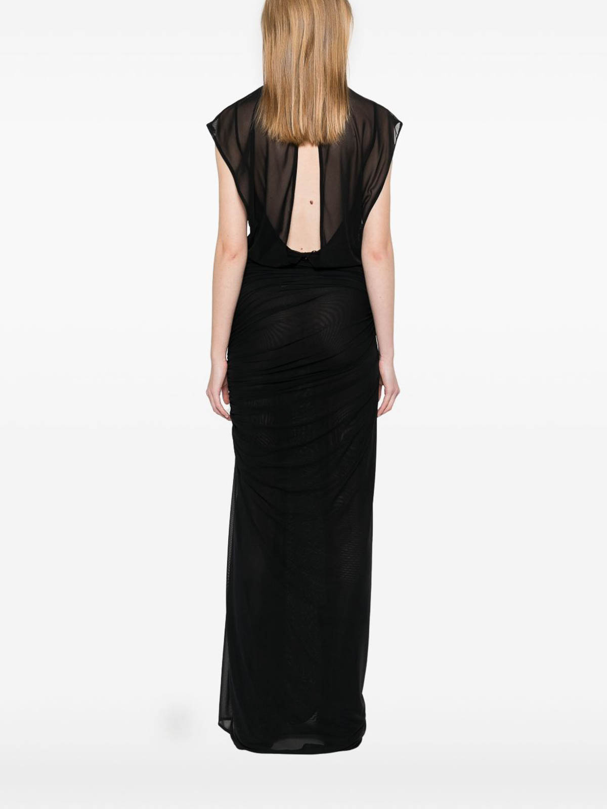 Jean Paul Gaultier Flocked Tattoo Logo Draped Mesh Backless Maxi Dress In Black