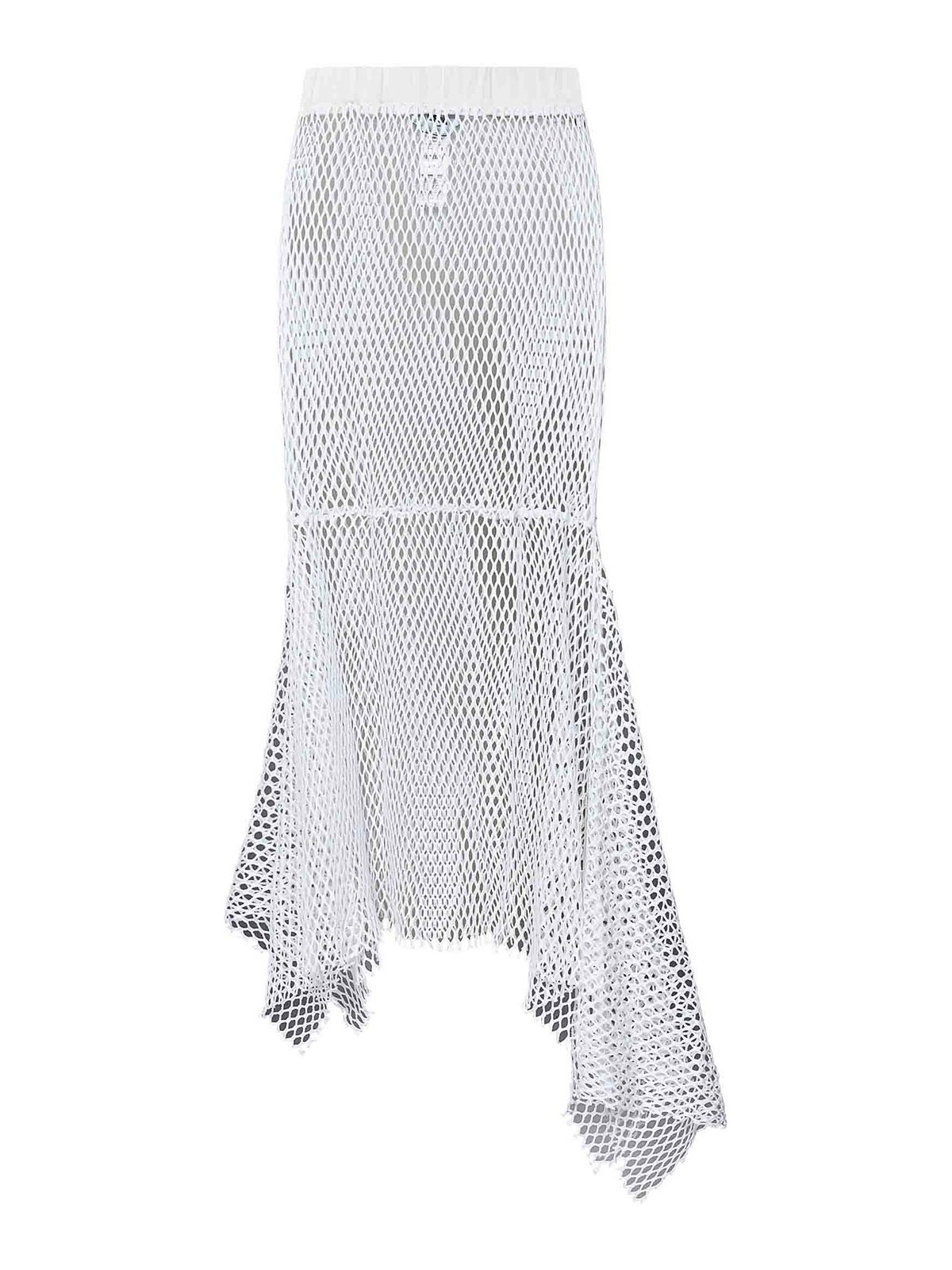 Msgm Long White Cotton Net Knit Asymmetric Skirt