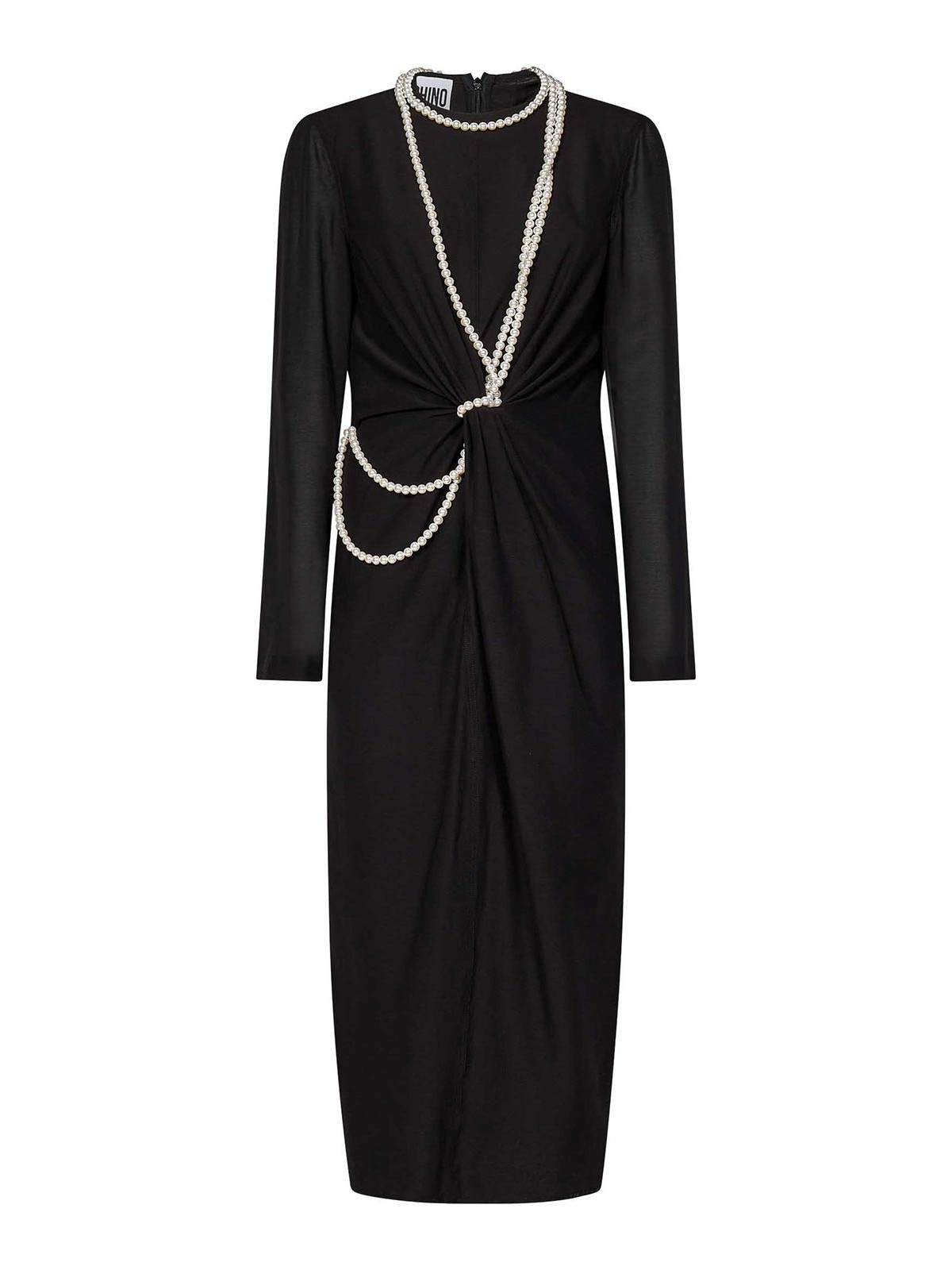 Moschino Black Midi Dress With Pearl Accents And Tailored Fit In Black