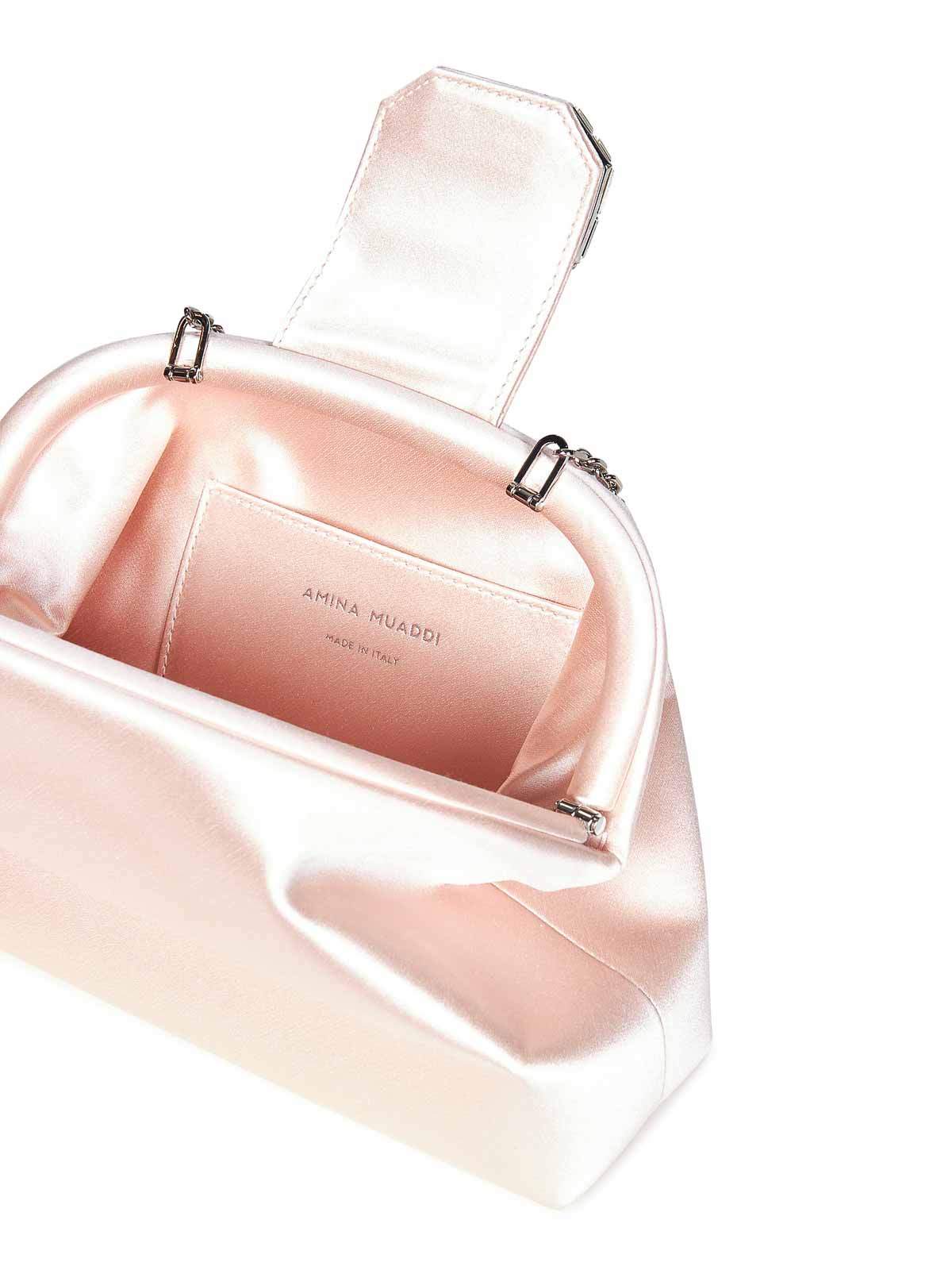 Amina Muaddi Champagne Satin Clutch With Rectangular Mirrored Accent In Nude