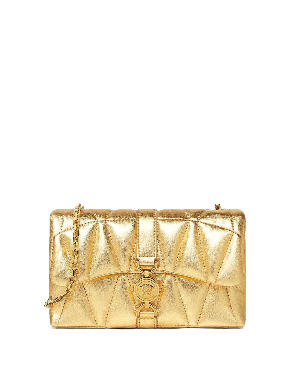 Versace Kleio Mini Gold Laminated Quilted Bag In Gold