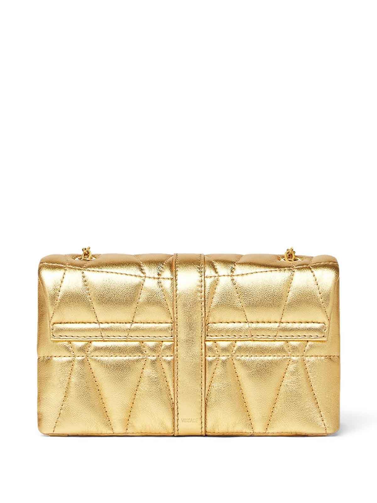 Versace Kleio Mini Gold Laminated Quilted Bag In Gold