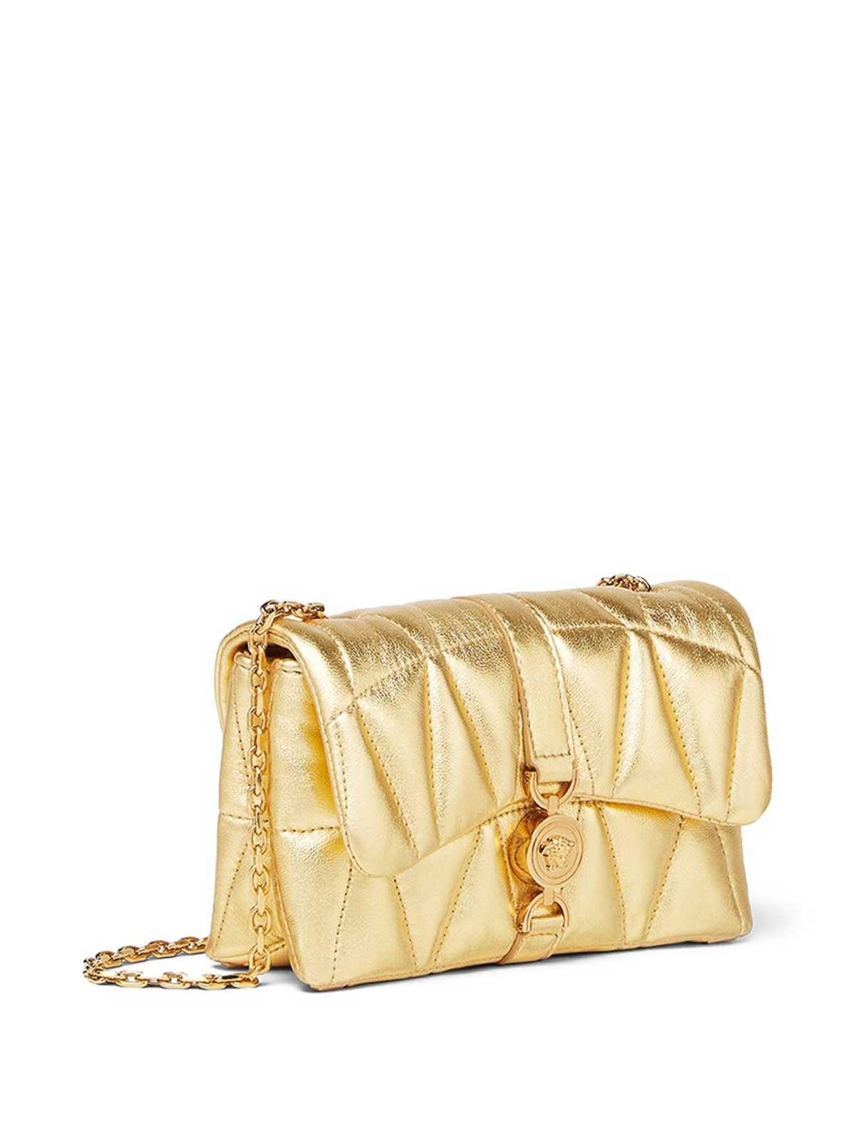Versace Kleio Mini Gold Laminated Quilted Bag In Gold