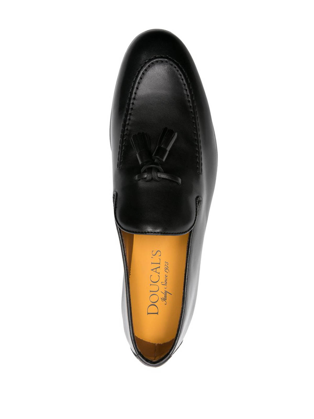 Doucal's Black Leather Flat Shoes With Decorative Tassel In Black