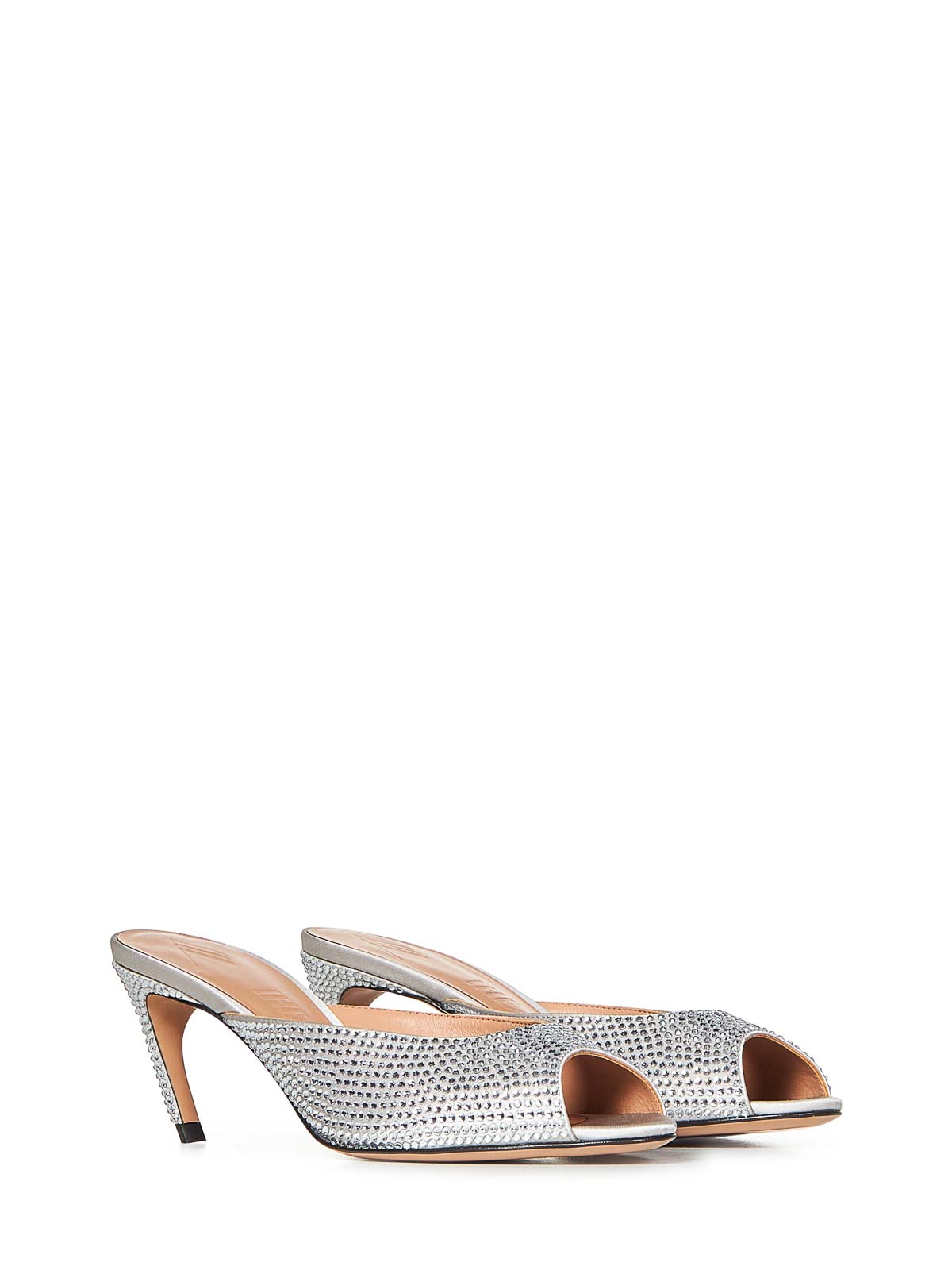 Attico Ada Silver Hotfixed Synthetic Satin Mules In Silver