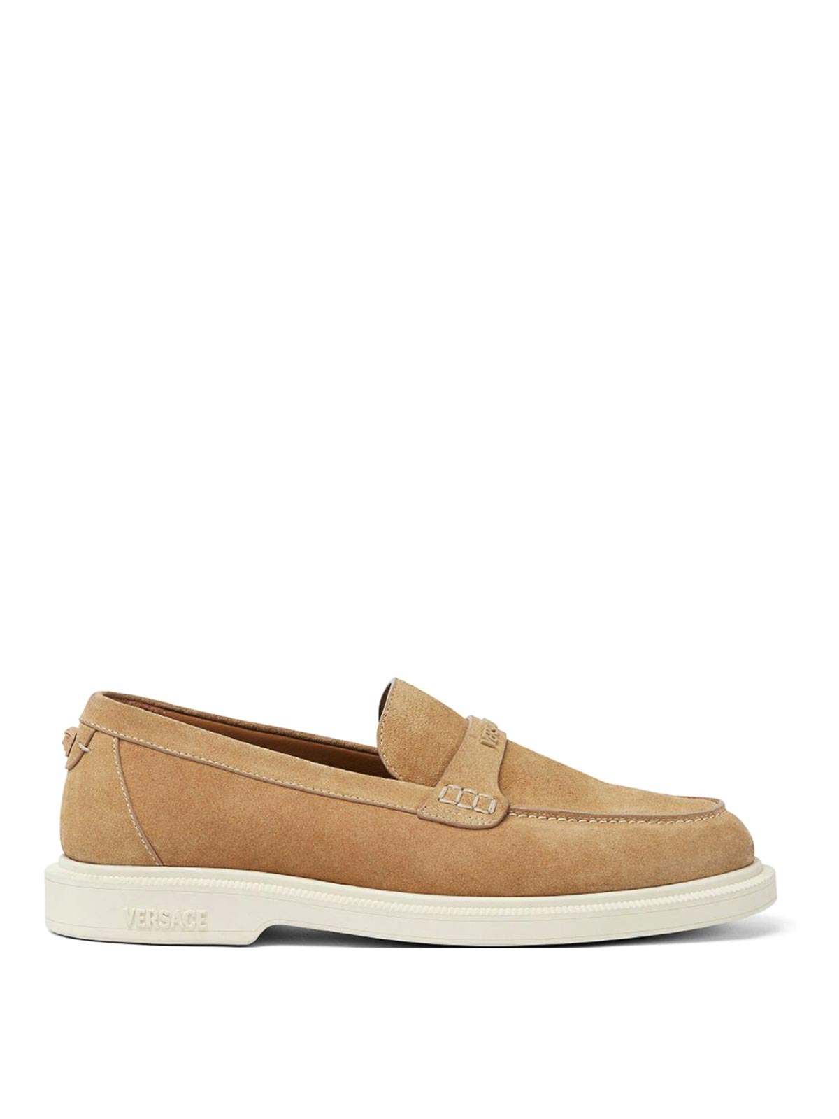 Versace Giuliano Biscuit-colored Suede Loafers In Multi