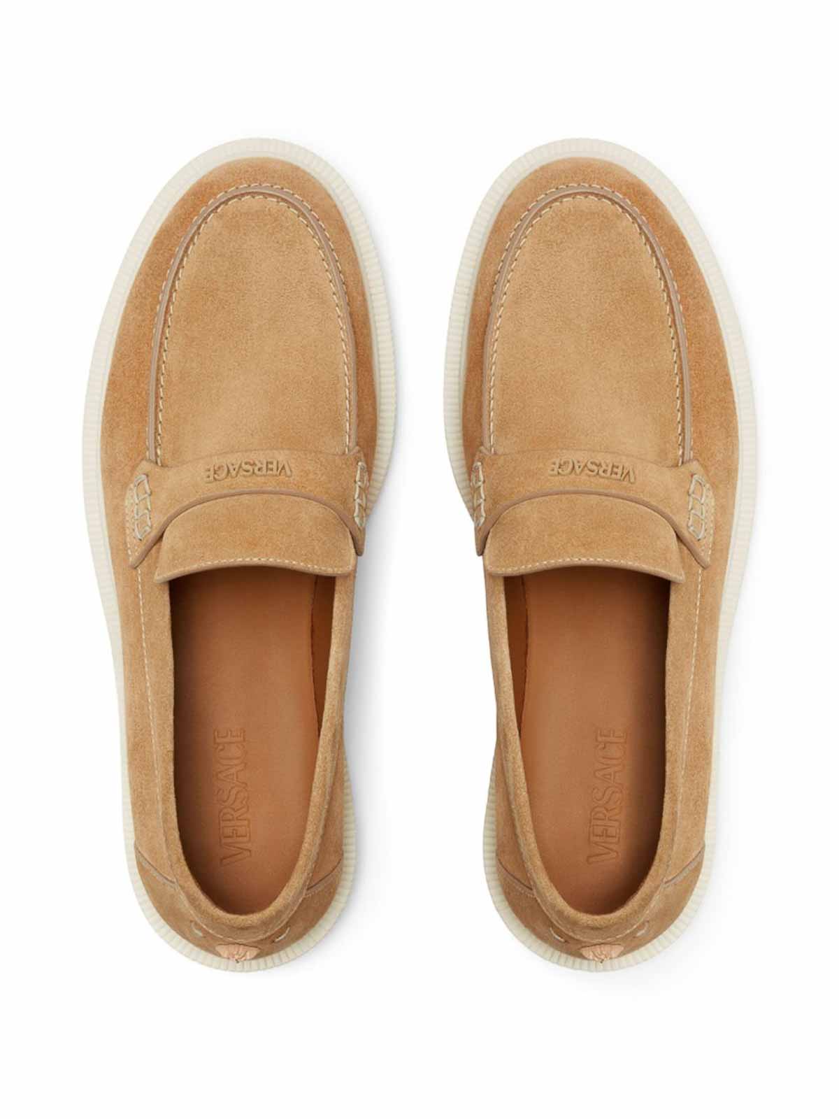 Versace Giuliano Biscuit-colored Suede Loafers In Multi