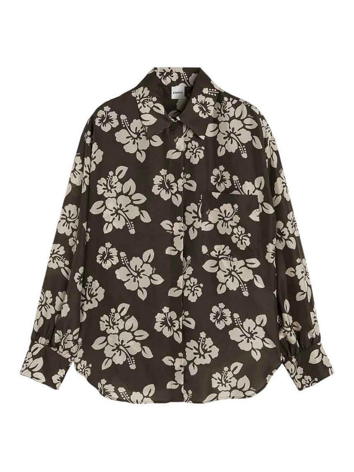 Aspesi Camicia In Seta Habotai Con Stampa Hibiscus - Militare In Multi