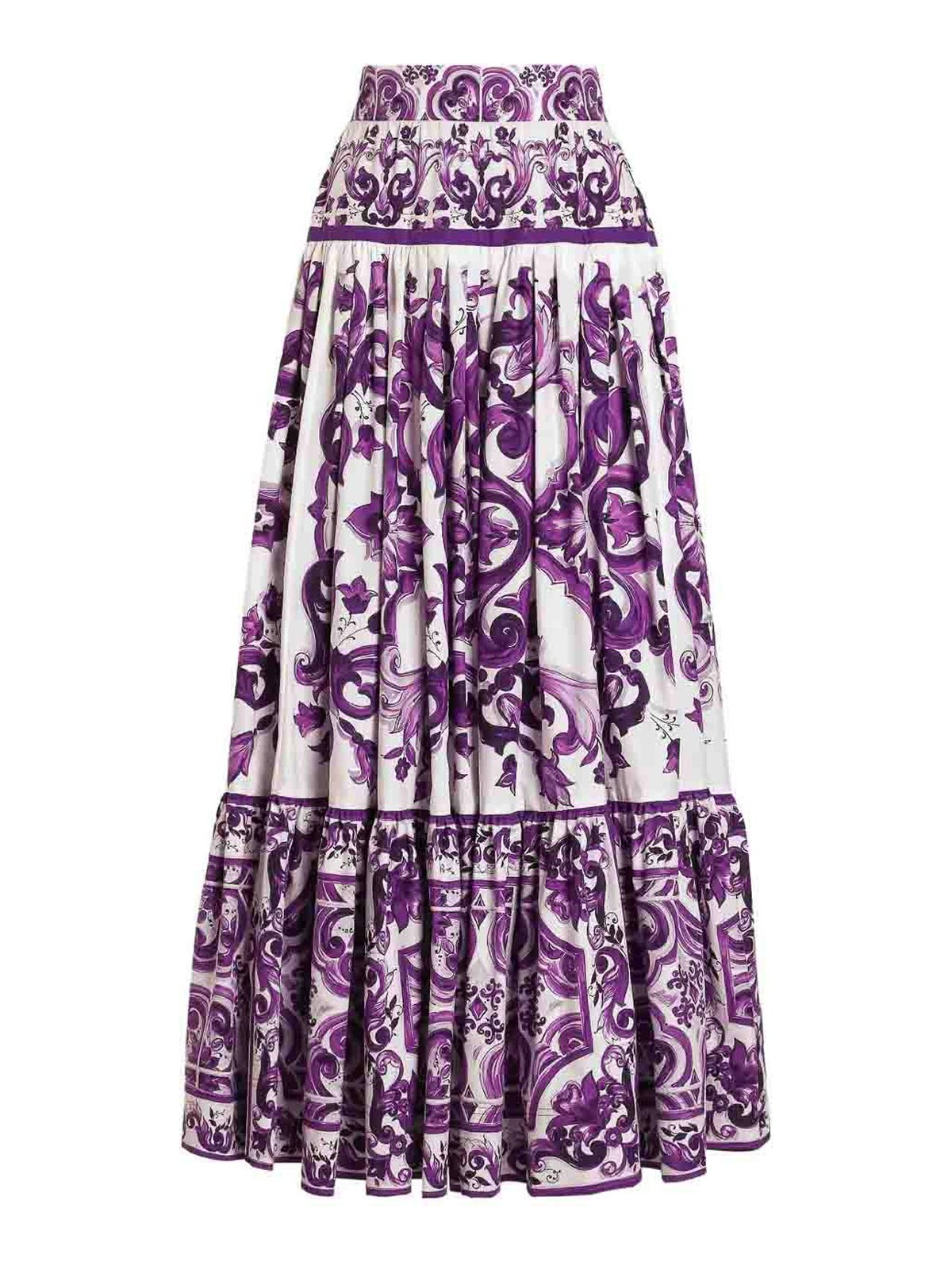 Dolce & Gabbana Violet Long Skirt With Ruffle Hem And All-over Floral Motif In Cotton Woman In White