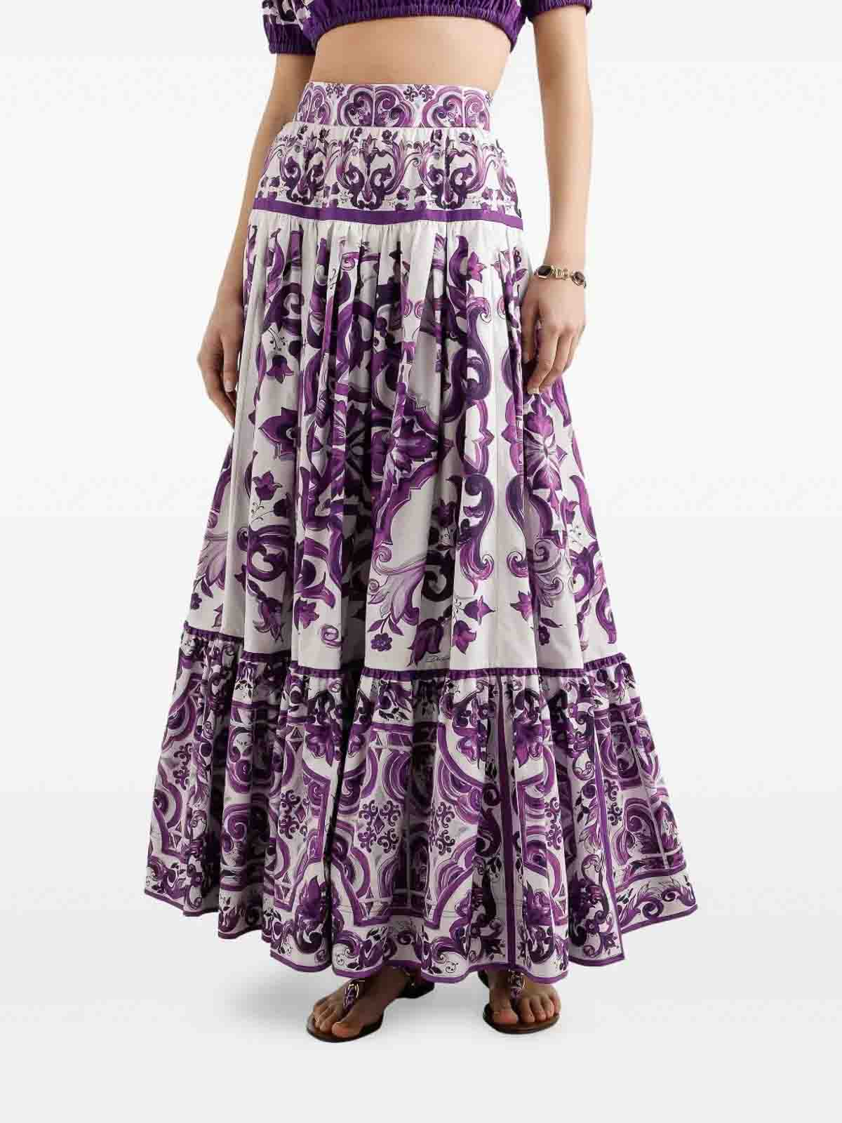 Dolce & Gabbana Violet Long Skirt With Ruffle Hem And All-over Floral Motif In Cotton Woman In White