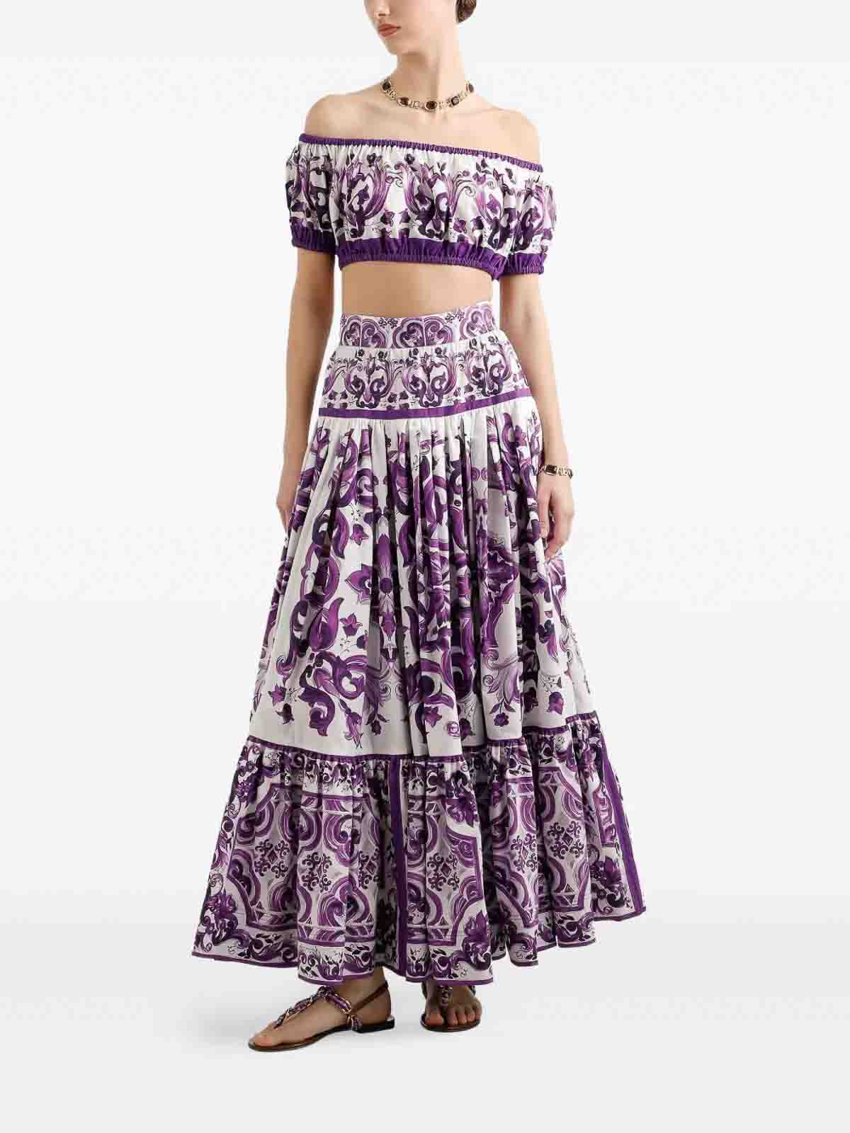 Dolce & Gabbana Violet Long Skirt With Ruffle Hem And All-over Floral Motif In Cotton Woman In White