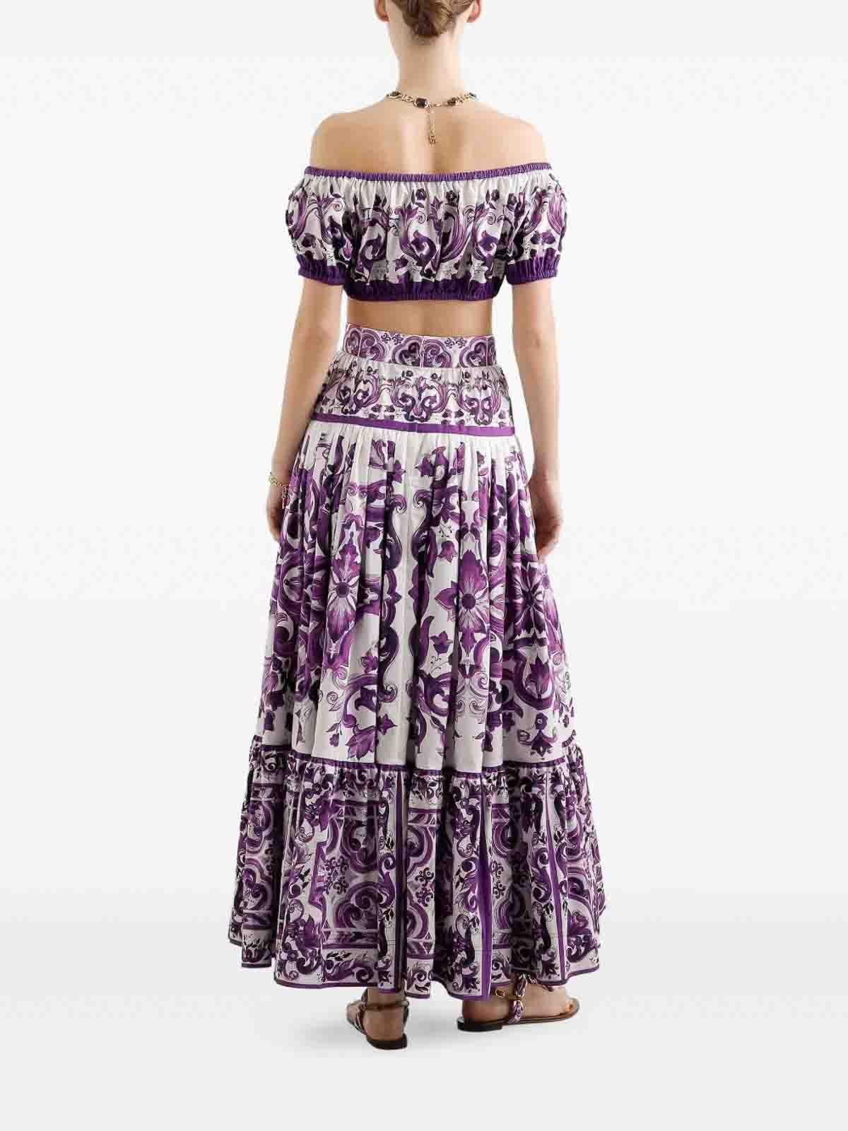 Dolce & Gabbana Violet Long Skirt With Ruffle Hem And All-over Floral Motif In Cotton Woman In White