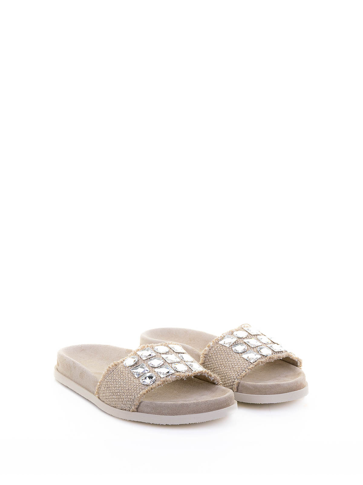 Pedro Garcia Linen And Suede Ciabatta With Rhinestones In White