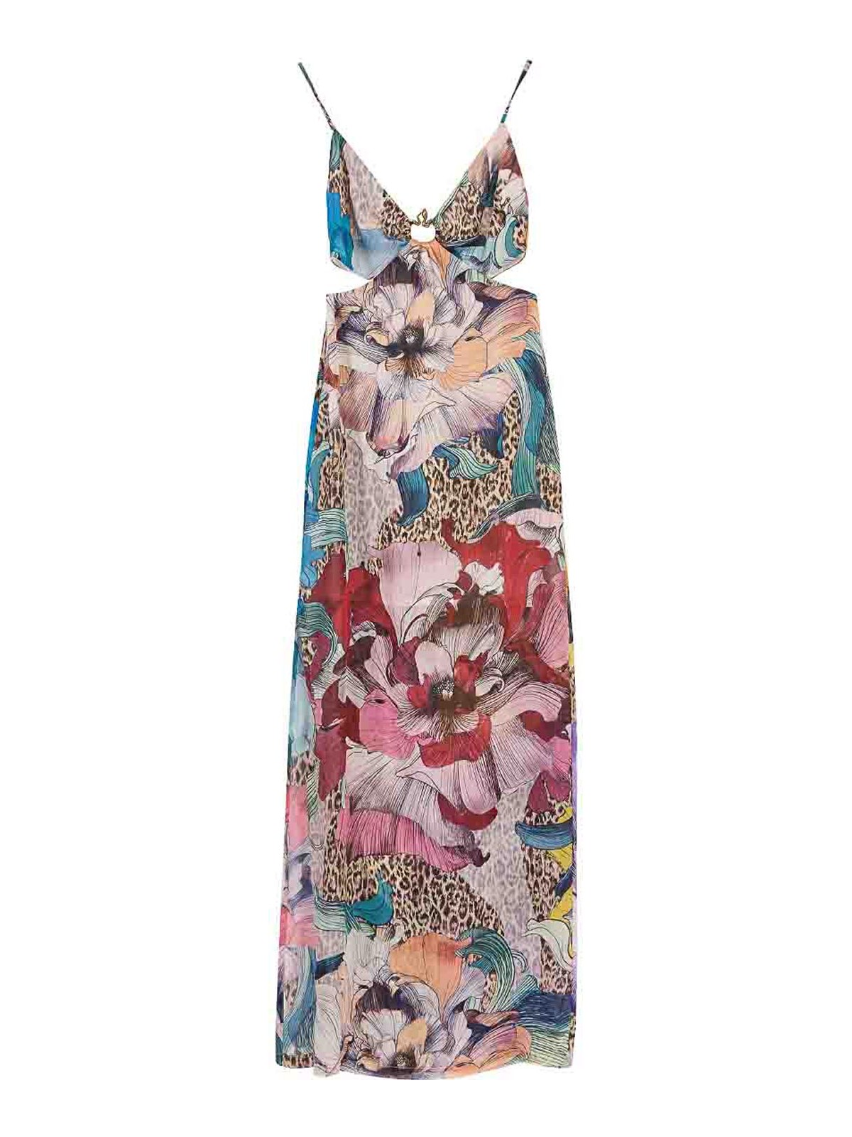 Just Cavalli Long Element Dress Chiffon Print Flowers In Multi