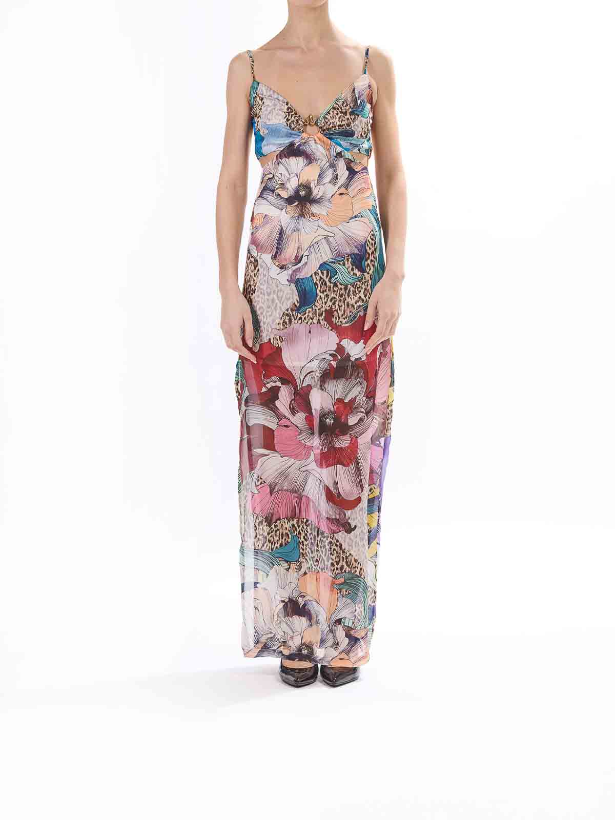 Just Cavalli Long Element Dress Chiffon Print Flowers In Multi