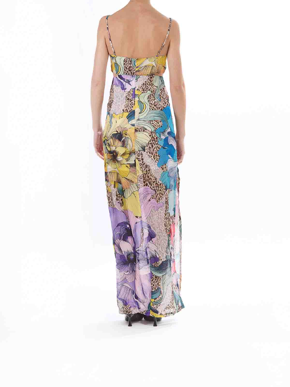 Just Cavalli Long Element Dress Chiffon Print Flowers In Multi