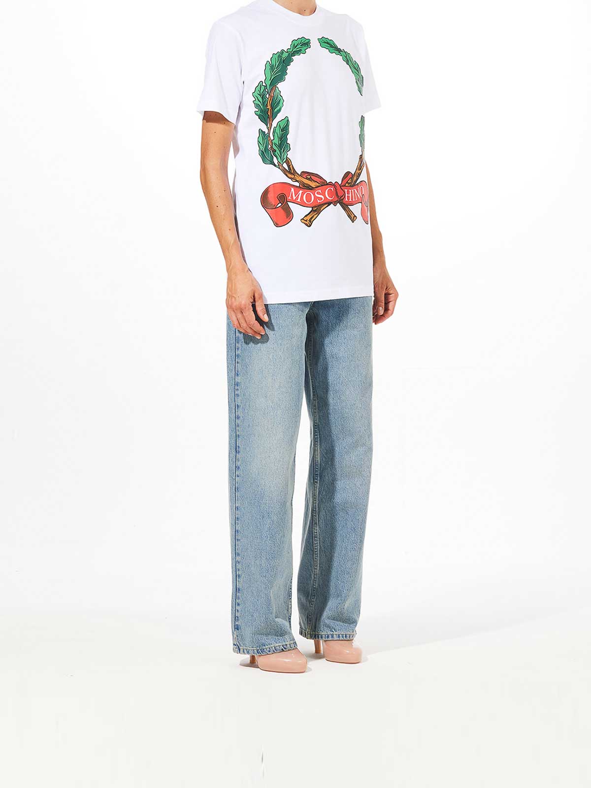 Moschino T-shirt In Organic Jersey Laurel Crown In White