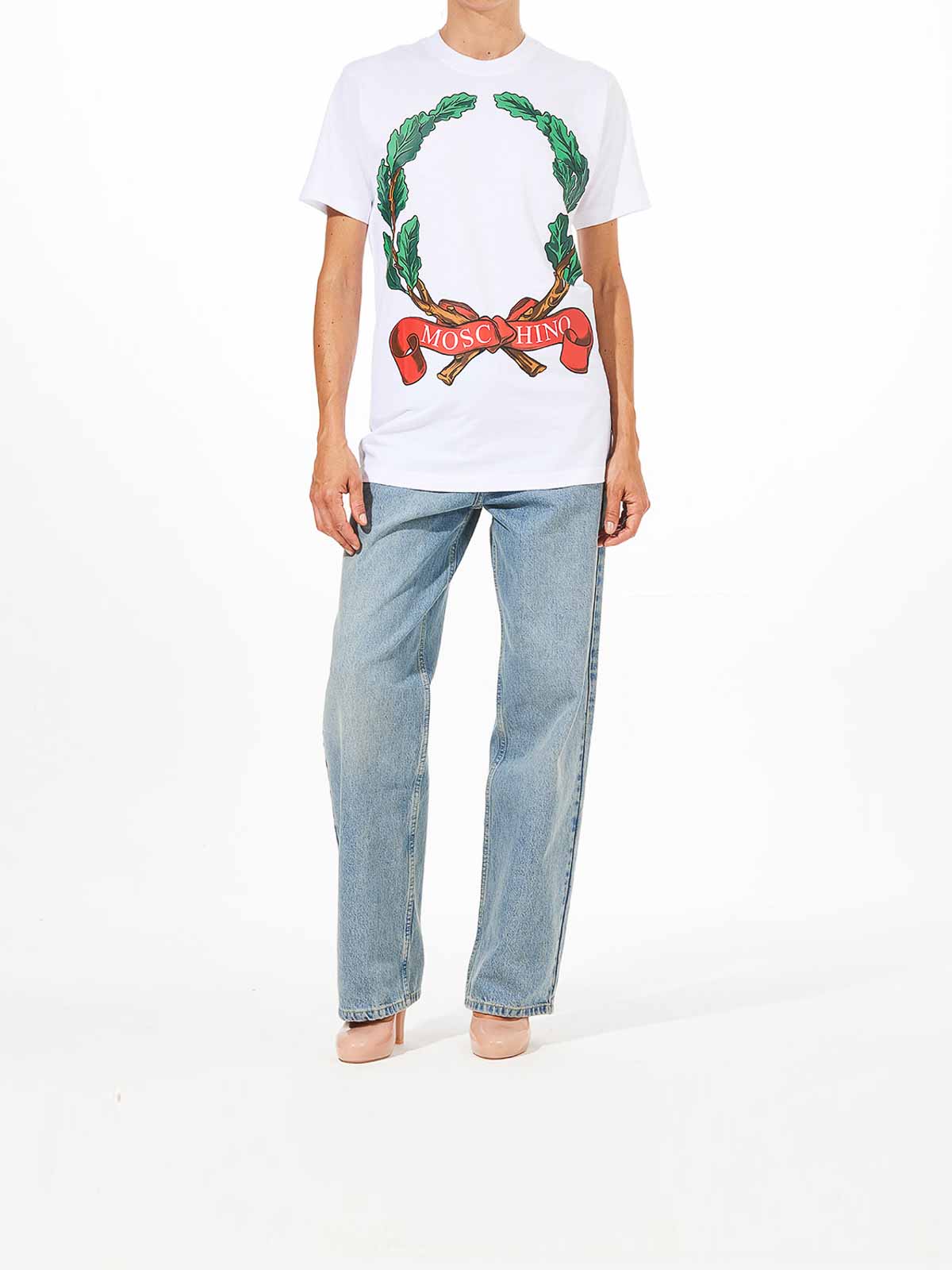 Moschino T-shirt In Organic Jersey Laurel Crown In White