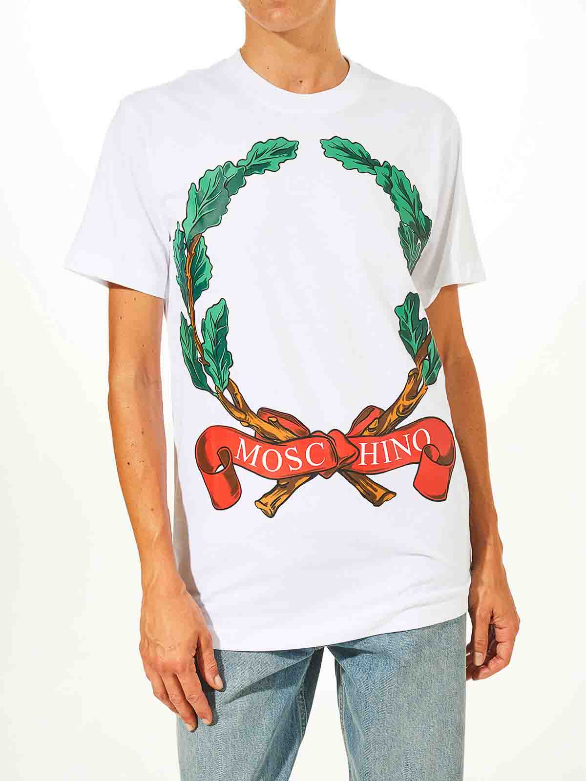 Moschino T-shirt In Organic Jersey Laurel Crown In White