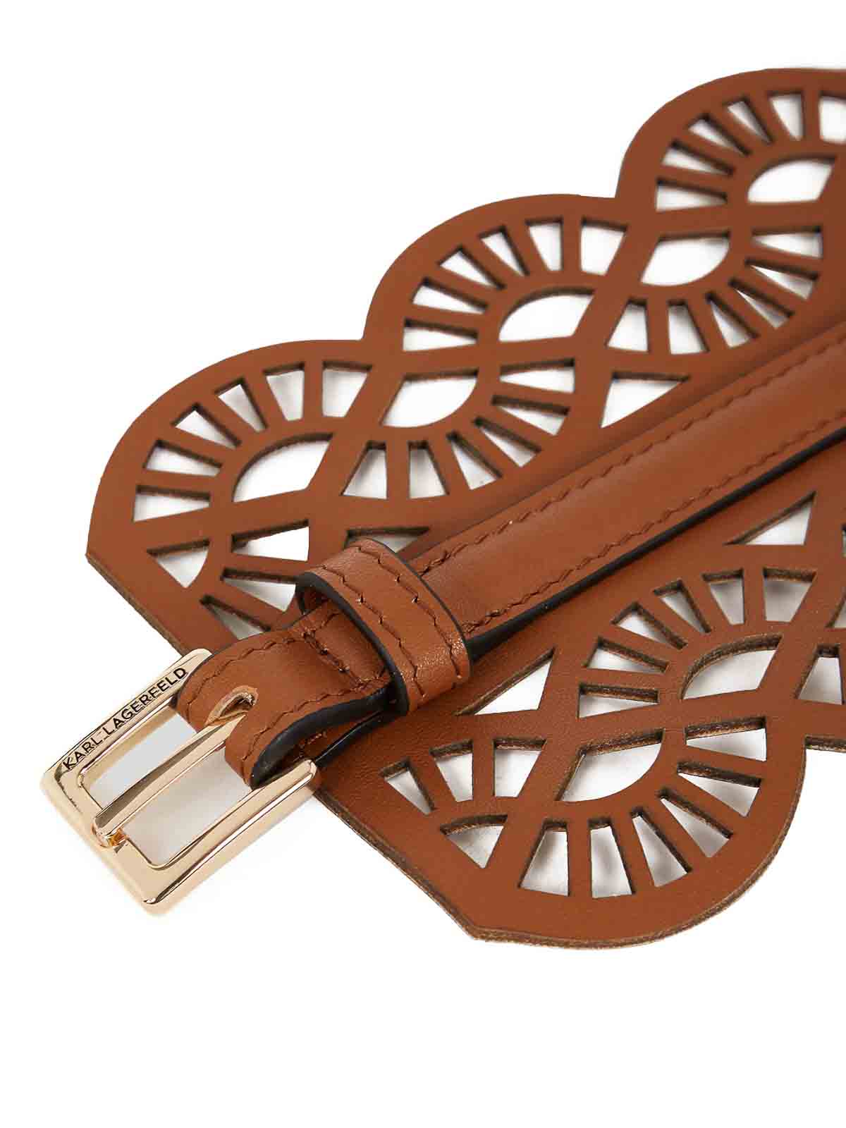 Karl Lagerfeld Vintage Wide Brown Leather Belt With Gold Fan 28-32” Skinny Karung Belt with Long Gold Buckle - w.kleinberg main image 3