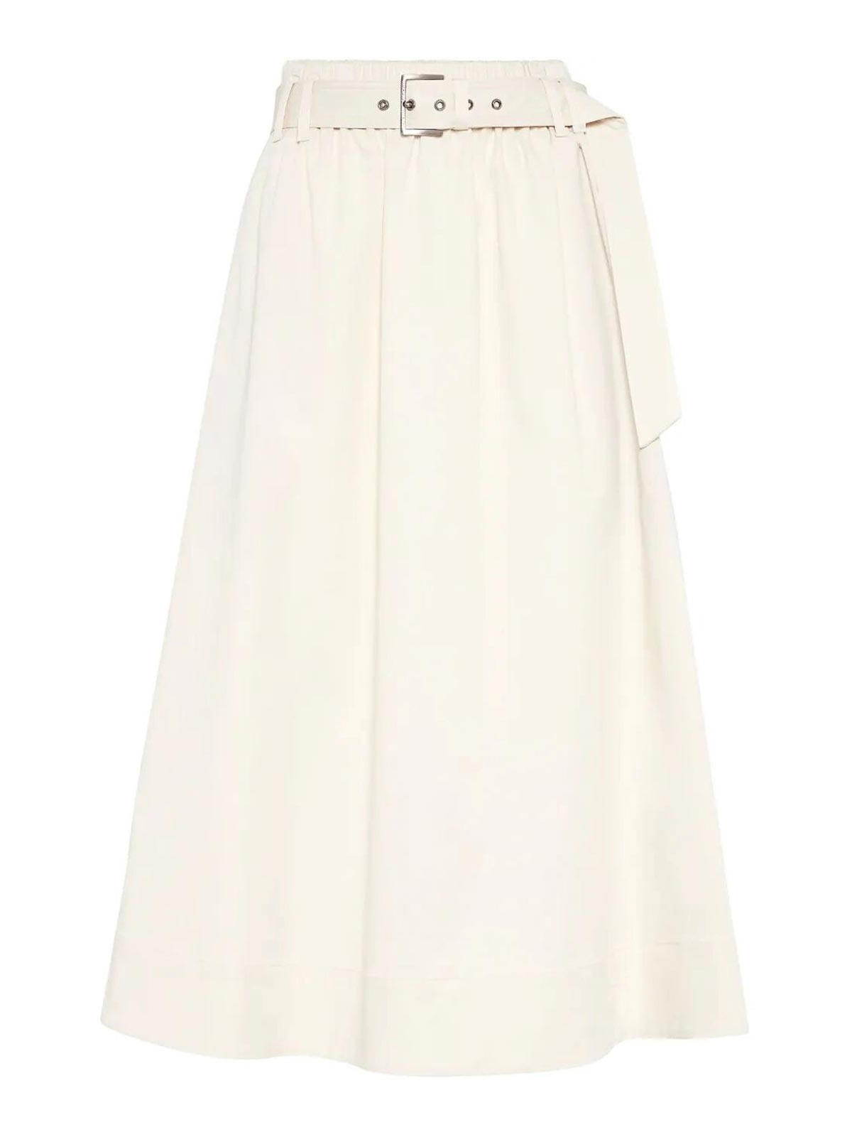 Brunello Cucinelli Stretch Cotton Gabardine Belted Circle Skirt In White