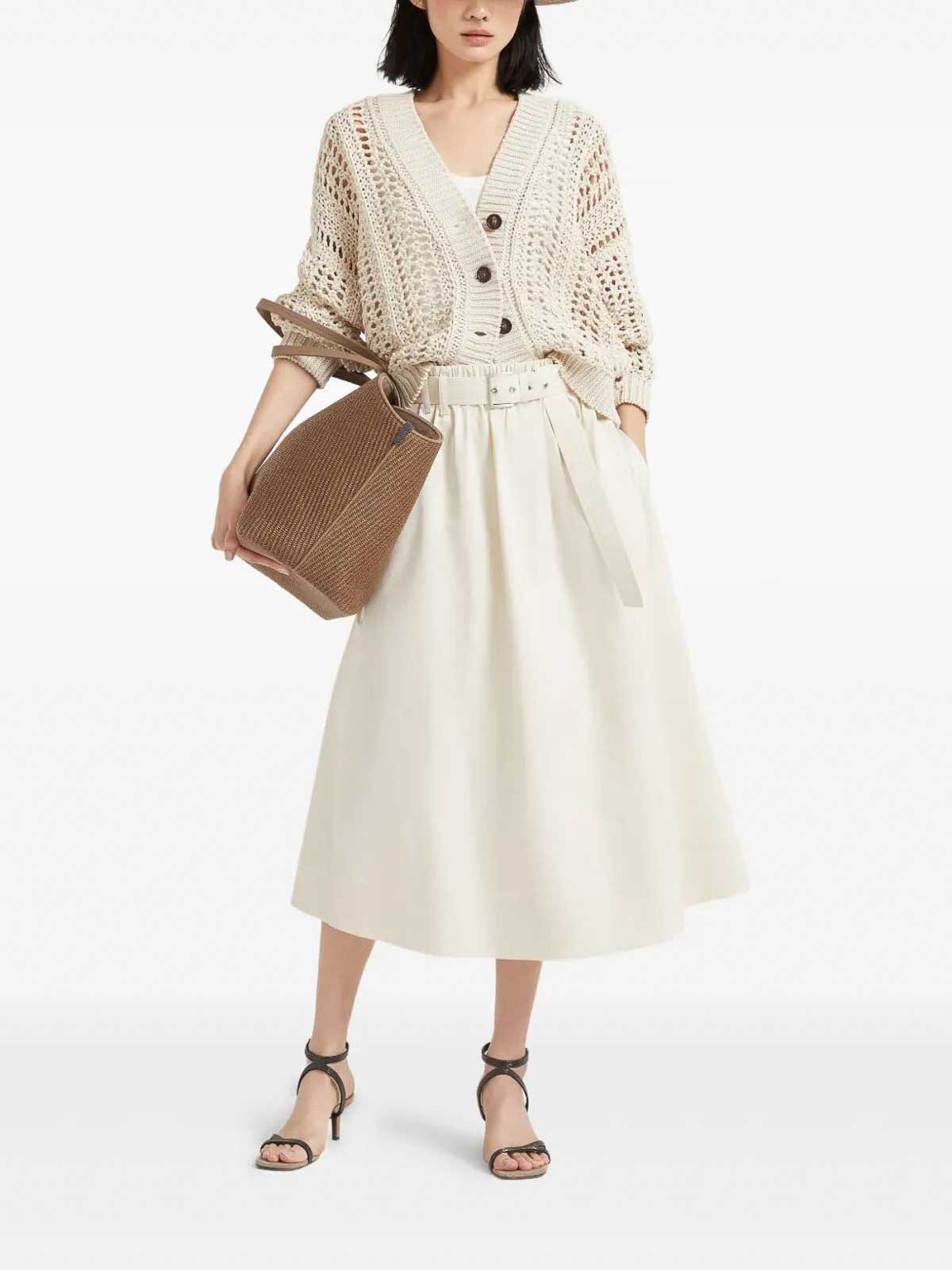 Brunello Cucinelli Stretch Cotton Gabardine Belted Circle Skirt In White