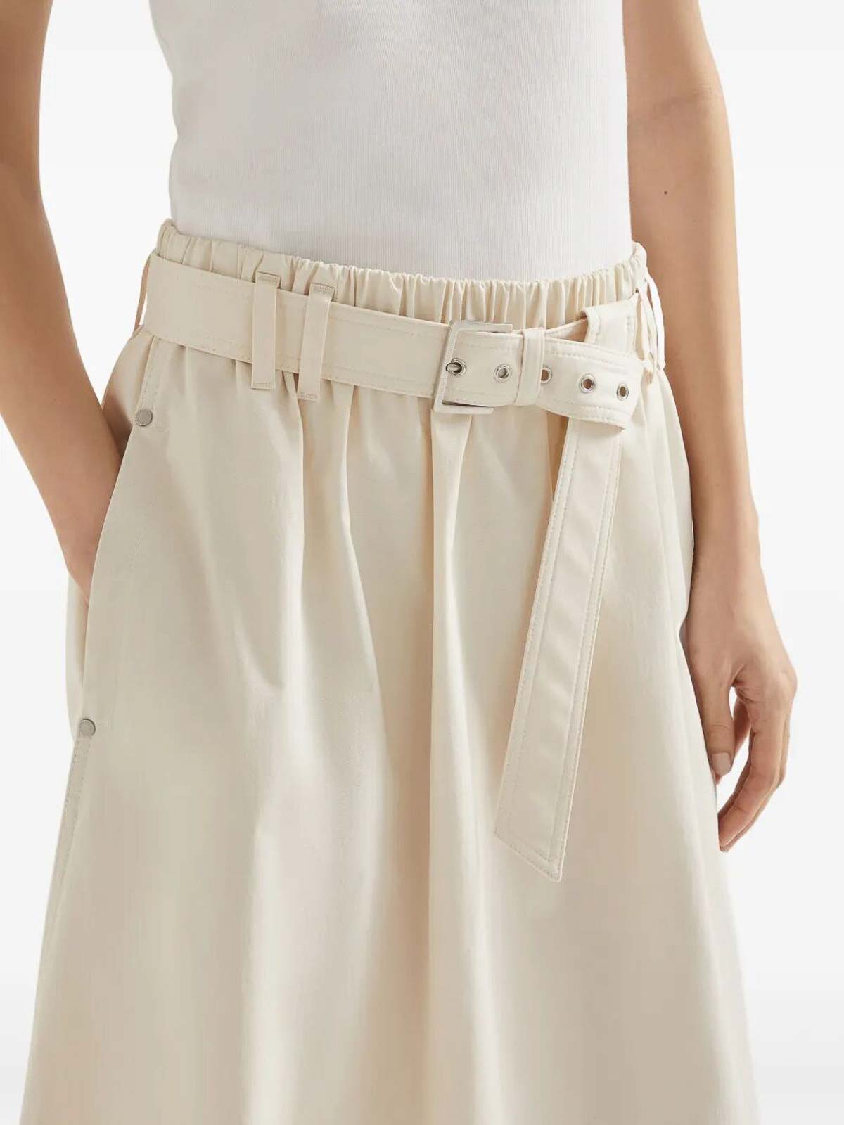 Brunello Cucinelli Stretch Cotton Gabardine Belted Circle Skirt In White