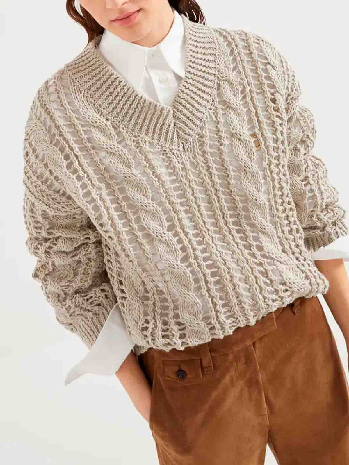 Brunello Cucinelli Cable And Mesh Sweater In Gray