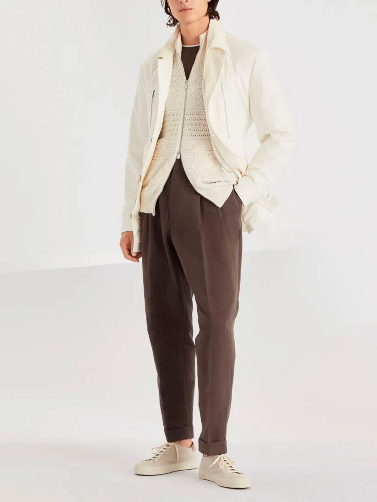 Brunello Cucinelli Beige Cardigan In Cotton With Zip In White