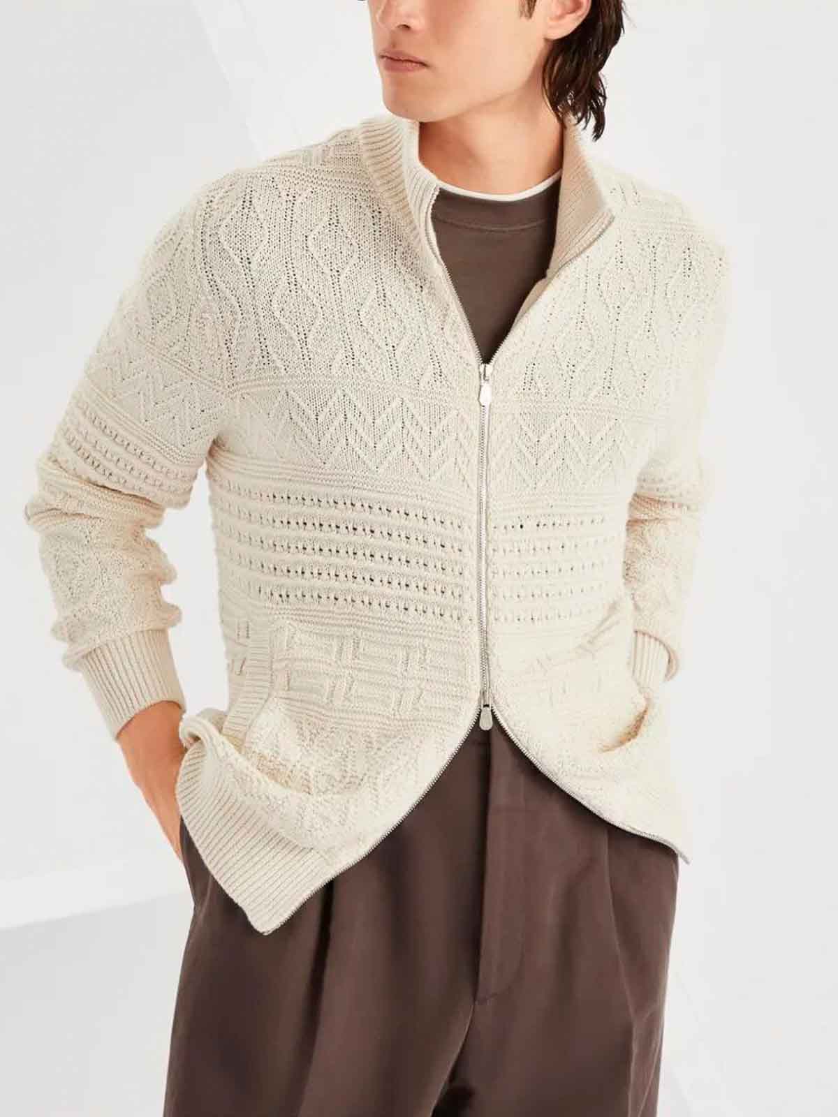 Brunello Cucinelli Beige Cardigan In Cotton With Zip In White