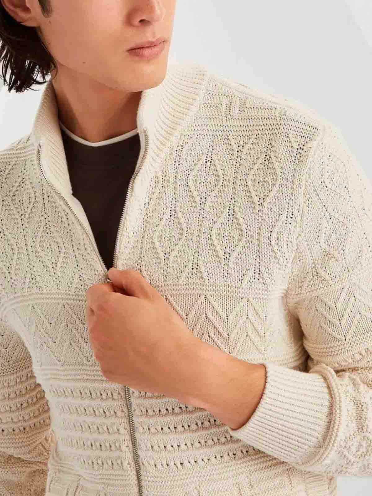Brunello Cucinelli Beige Cardigan In Cotton With Zip In White