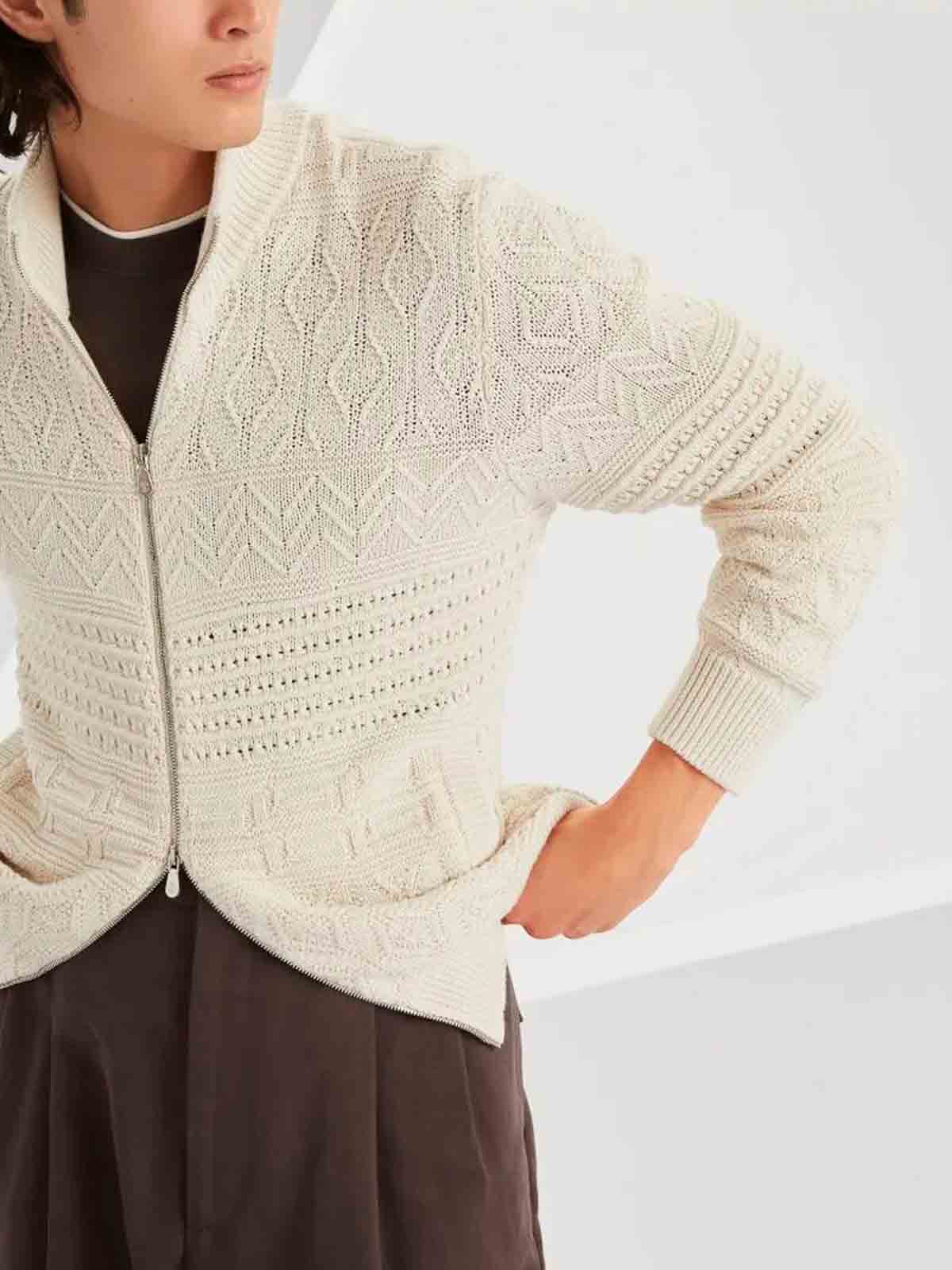 Brunello Cucinelli Beige Cardigan In Cotton With Zip In White