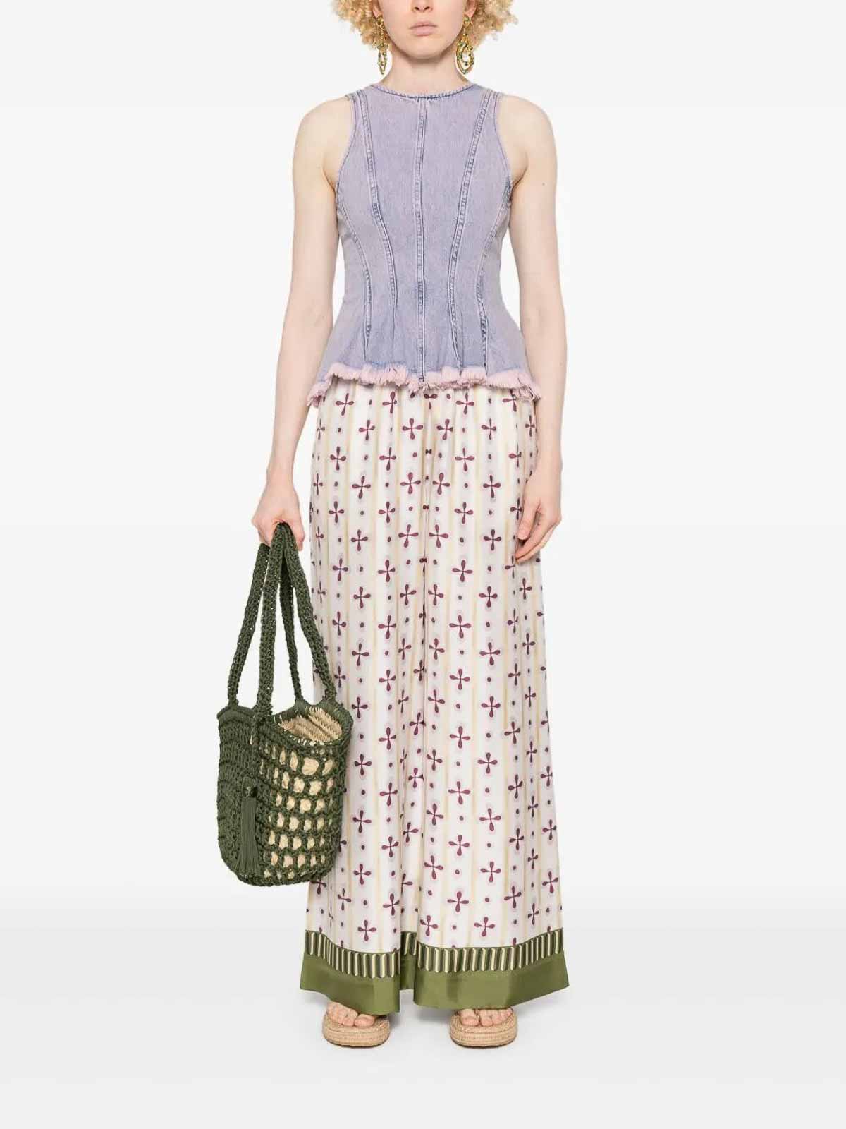 La Doublej La Double J Wide-leg Silk Trousers With Floral Pattern In Neutral