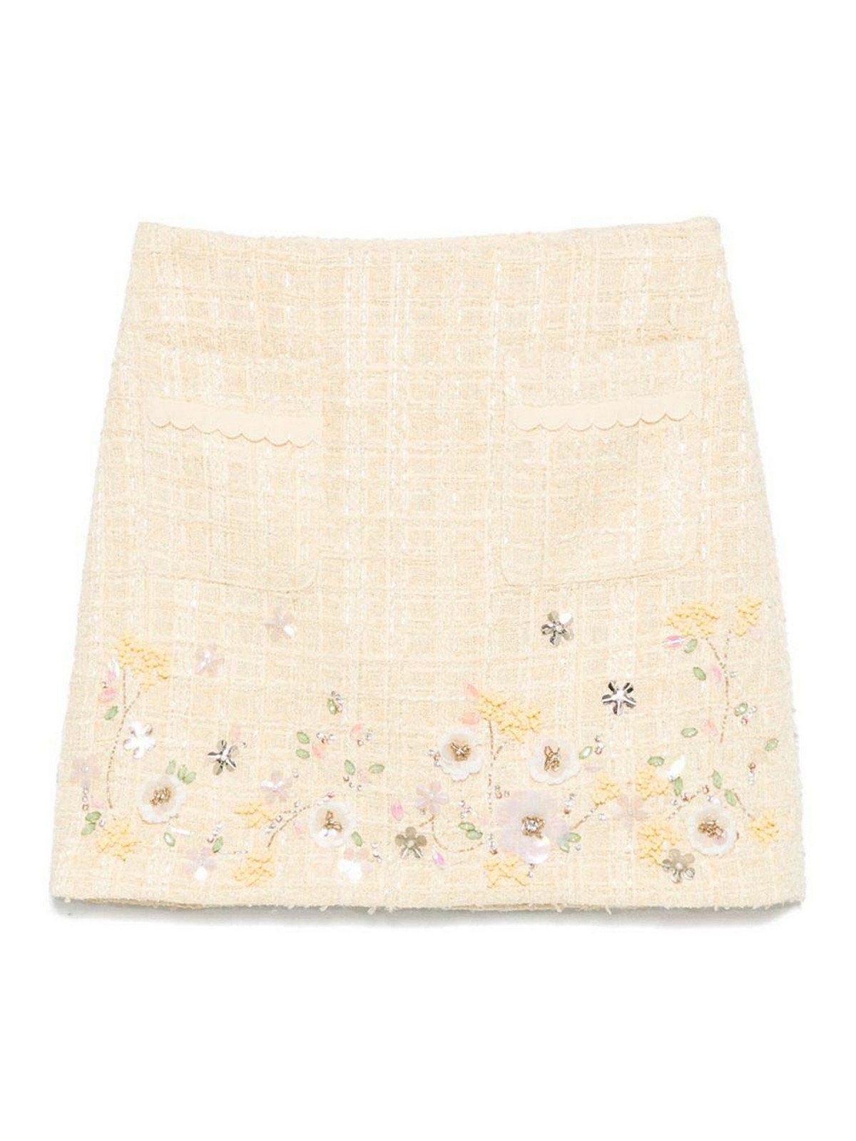 Elisabetta Franchi Tweed Miniskirt With Floral Embroidery In Neutral
