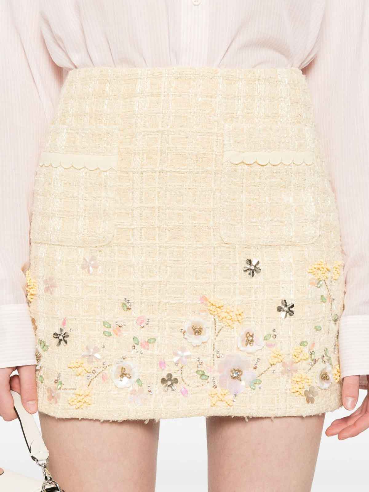 Elisabetta Franchi Tweed Miniskirt With Floral Embroidery In Neutral