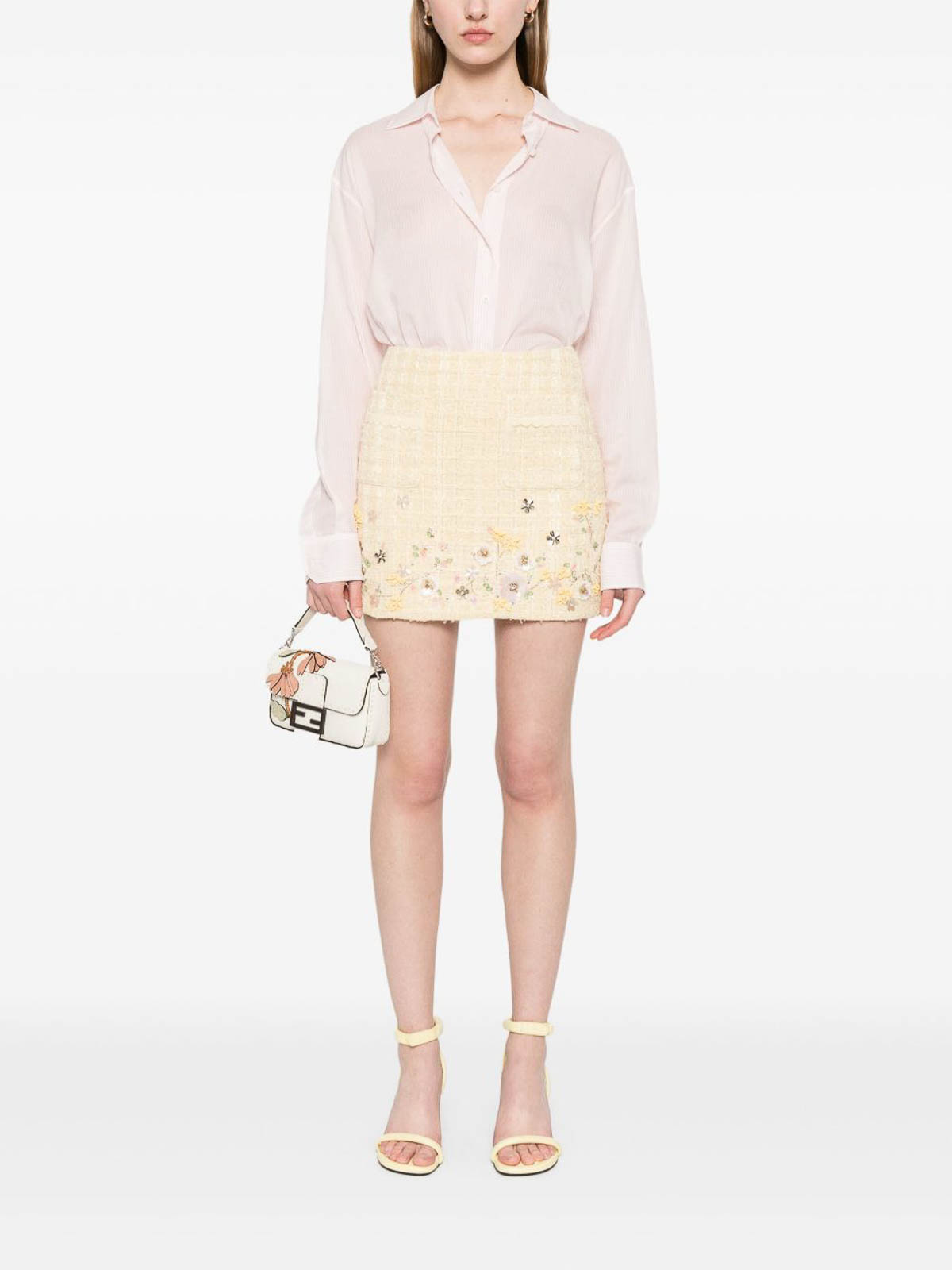 Elisabetta Franchi Tweed Miniskirt With Floral Embroidery In Neutral