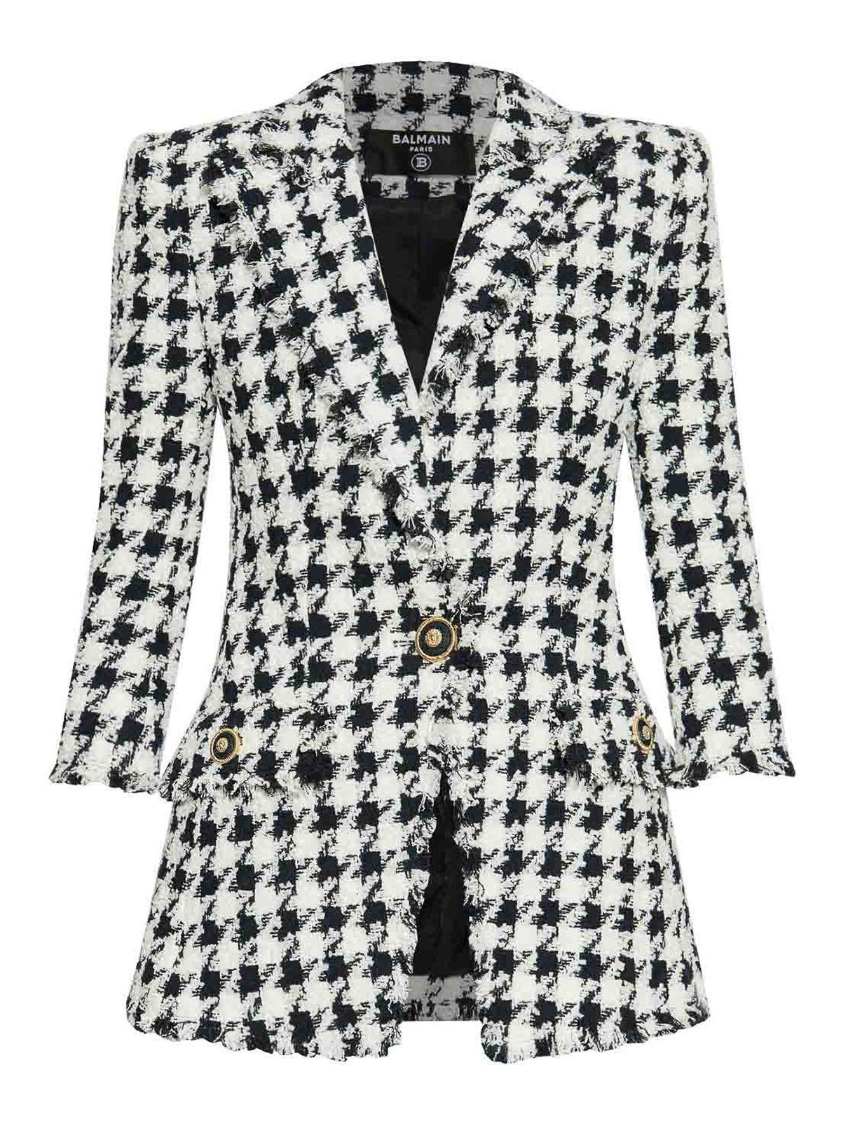 Balmain Long Tweed Houndstooth Blazer In Black