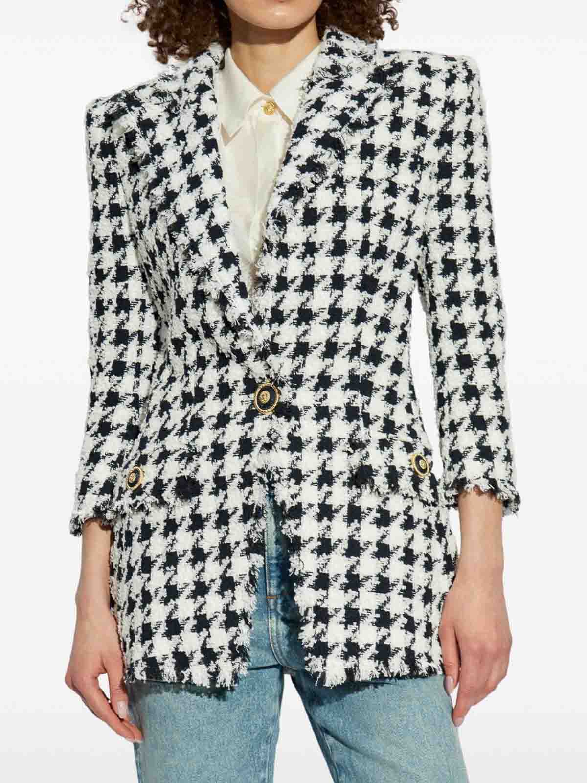 Balmain Long Tweed Houndstooth Blazer In Black