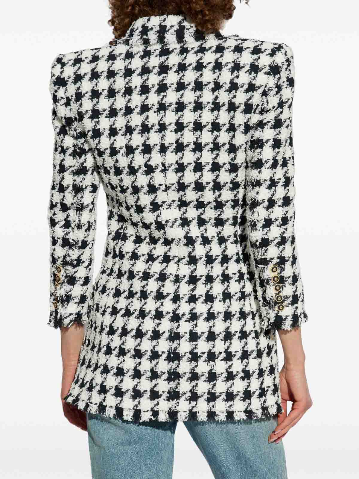 Balmain Long Tweed Houndstooth Blazer In Black