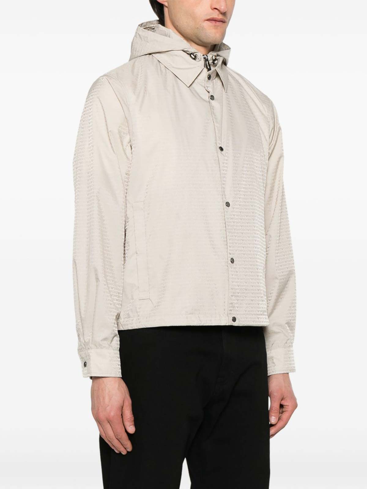 Emporio Armani Nylon Jacket With Adjustable Hem And Detachable Hood In Neutral