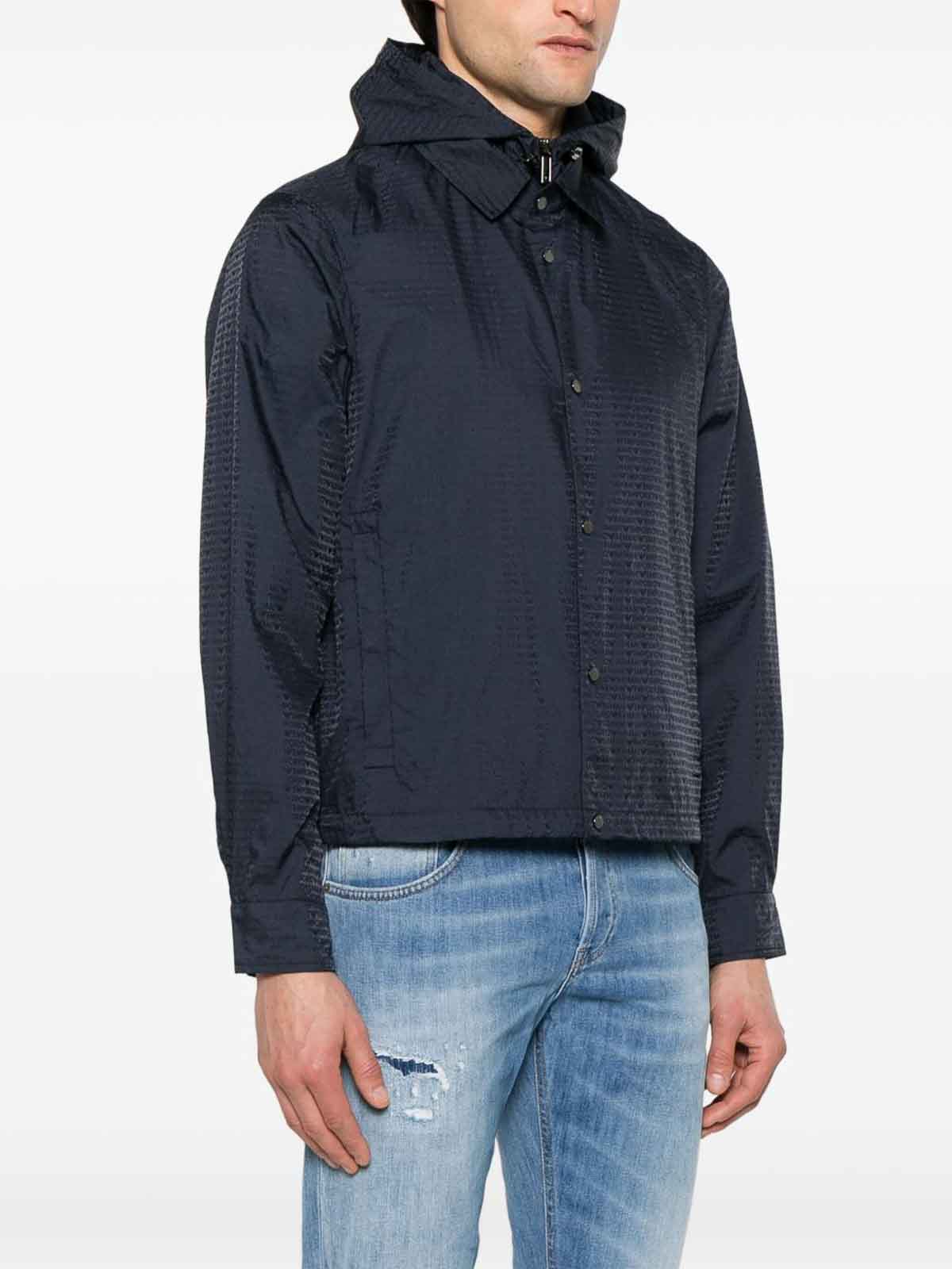 Emporio Armani Men's Blouson With Internal Nylon Bib Jacquard All-over Lettering In Blue