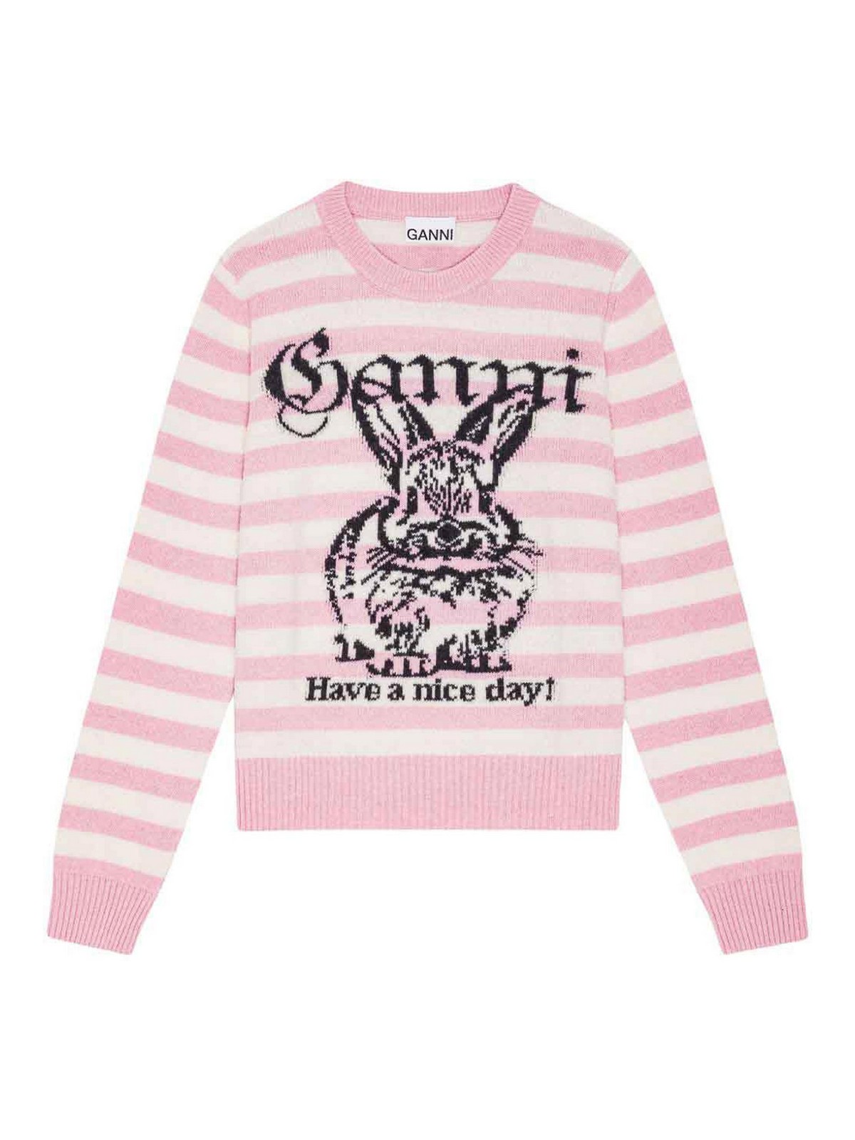 Ganni Striped Graphic Wool Mix Bunny Crewneck In Multi