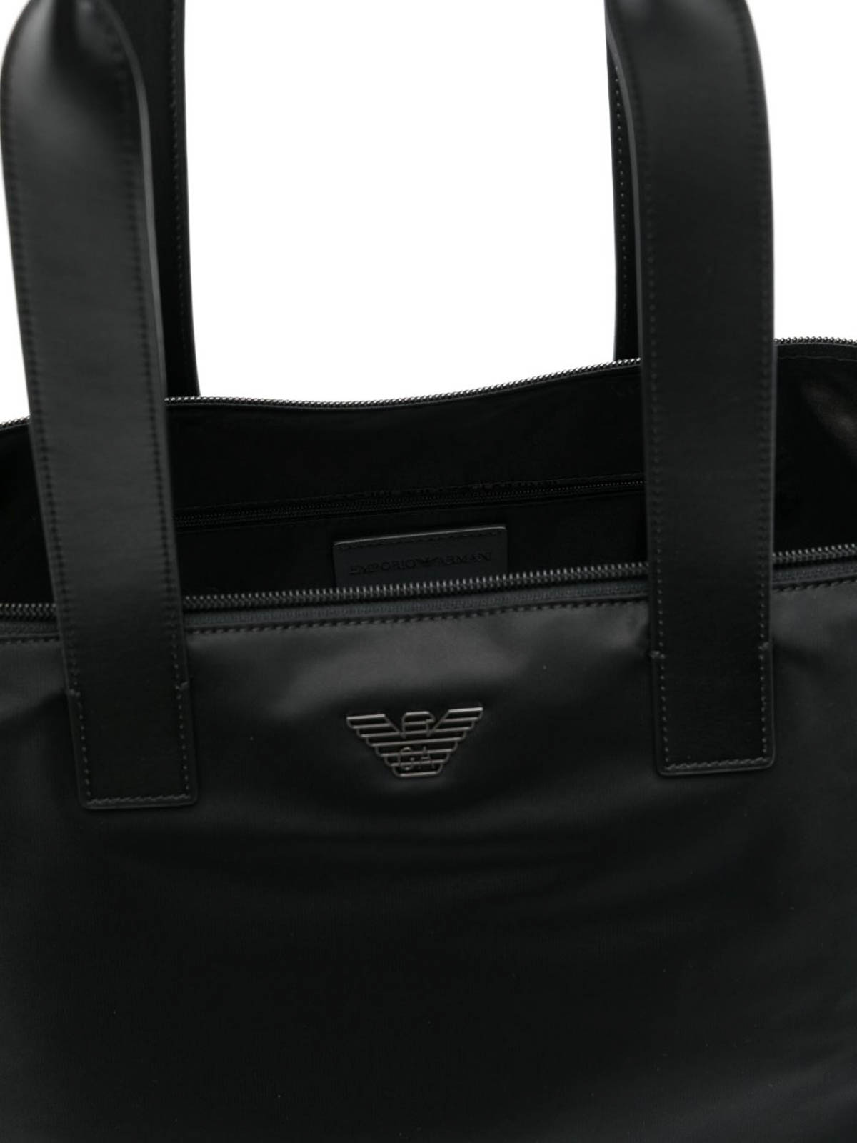 Emporio Armani Modern Black Polyamide Set Shopper With Leather Handles In Black