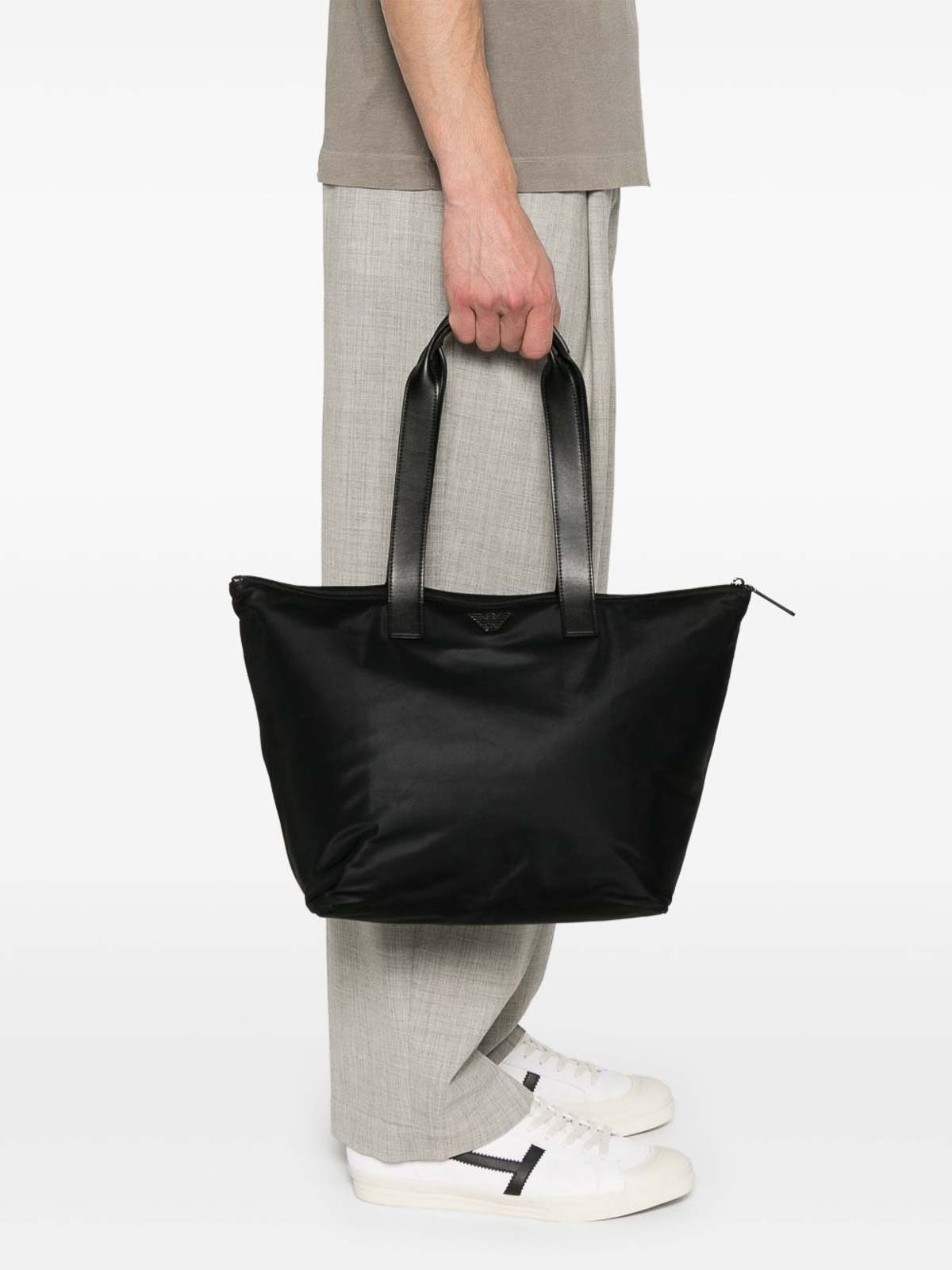 Emporio Armani Modern Black Polyamide Set Shopper With Leather Handles In Black